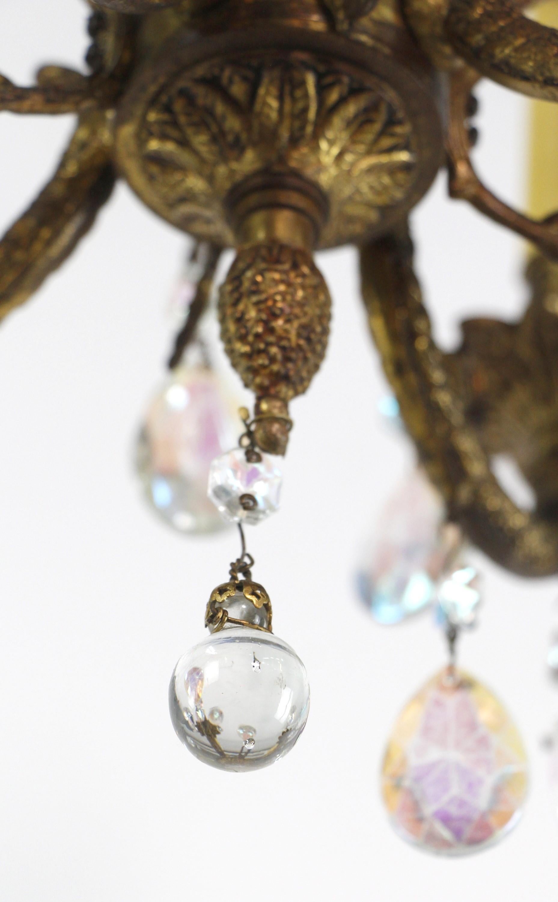 Petite Spanish Cast Bronze Iridescent Crystals Chandelier For Sale 11