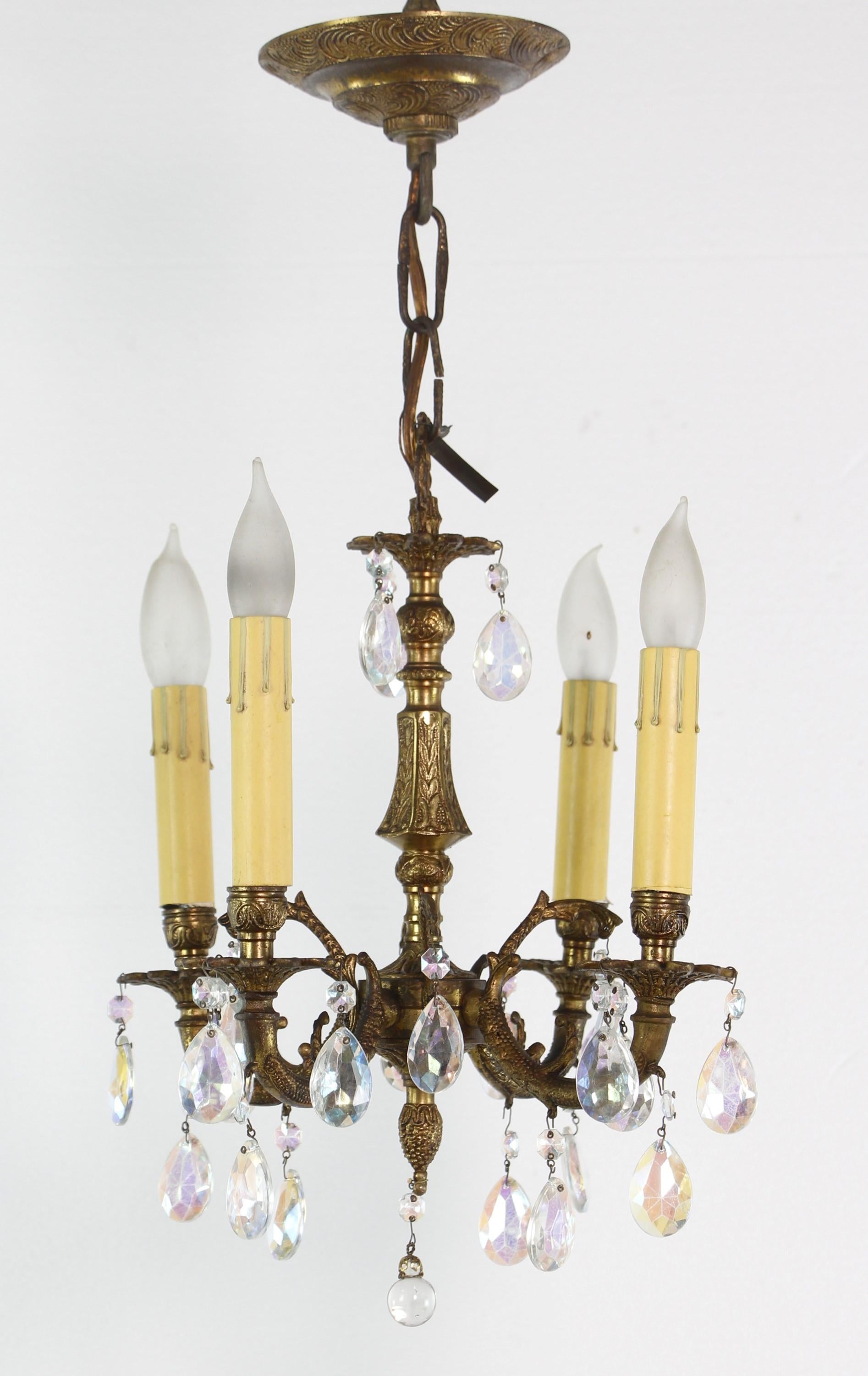 Petite Spanish Cast Bronze Iridescent Crystals Chandelier In Good Condition For Sale In New York, NY