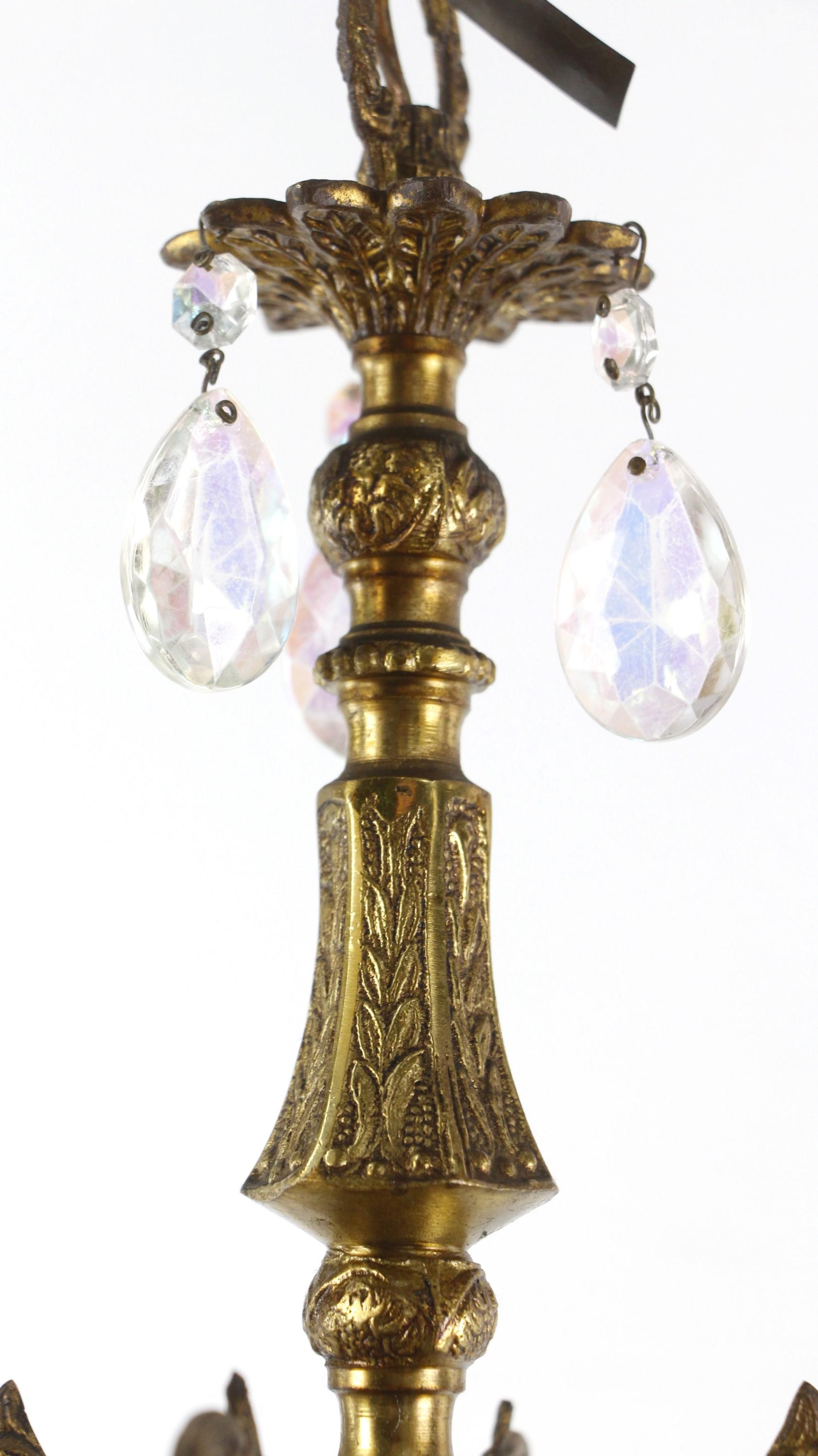 Petite Spanish Cast Bronze Iridescent Crystals Chandelier For Sale 3