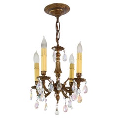 Vintage Petite Spanish Cast Bronze Iridescent Crystals Chandelier