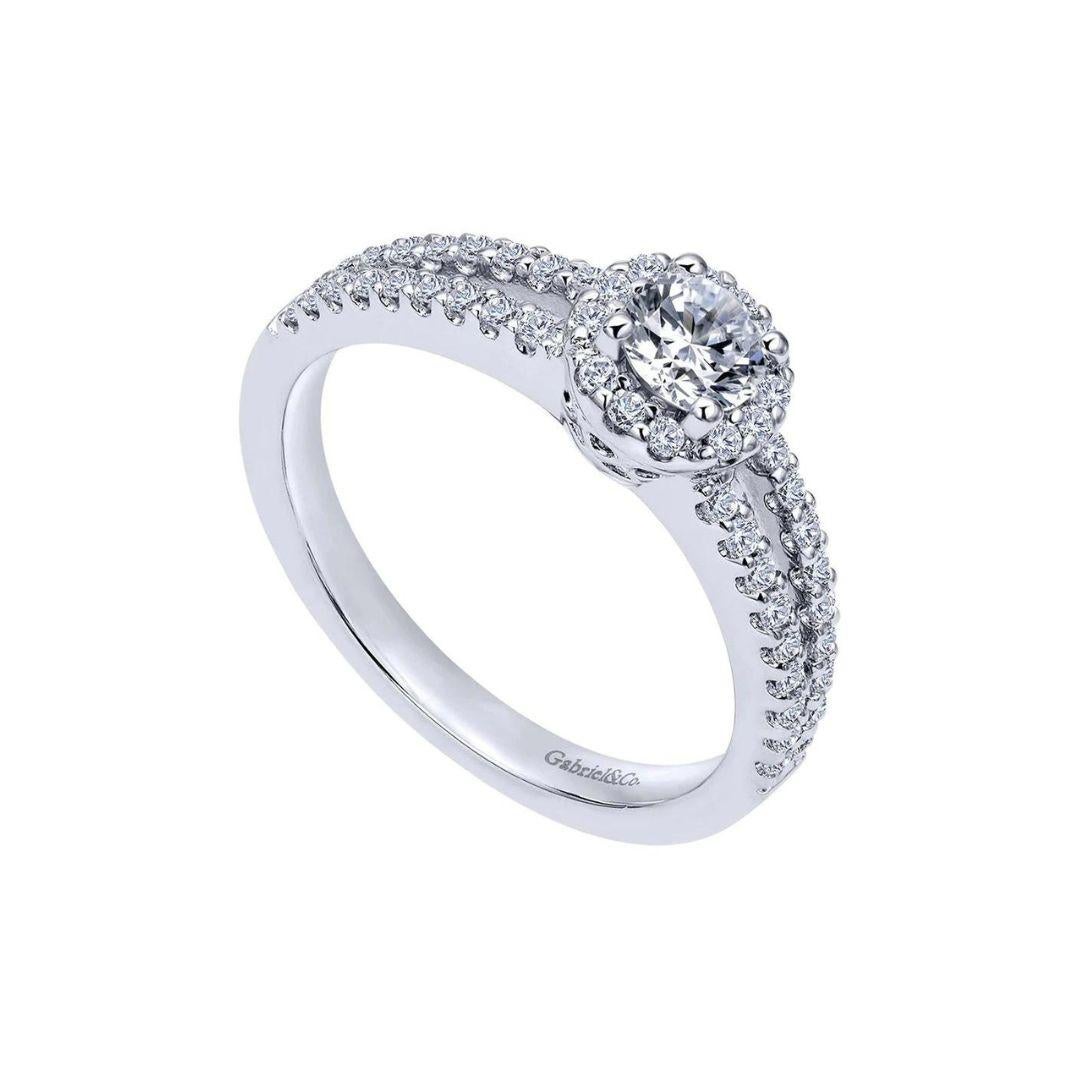 Round Cut Petite Split Shank Diamond Halo Engagement Ring For Sale