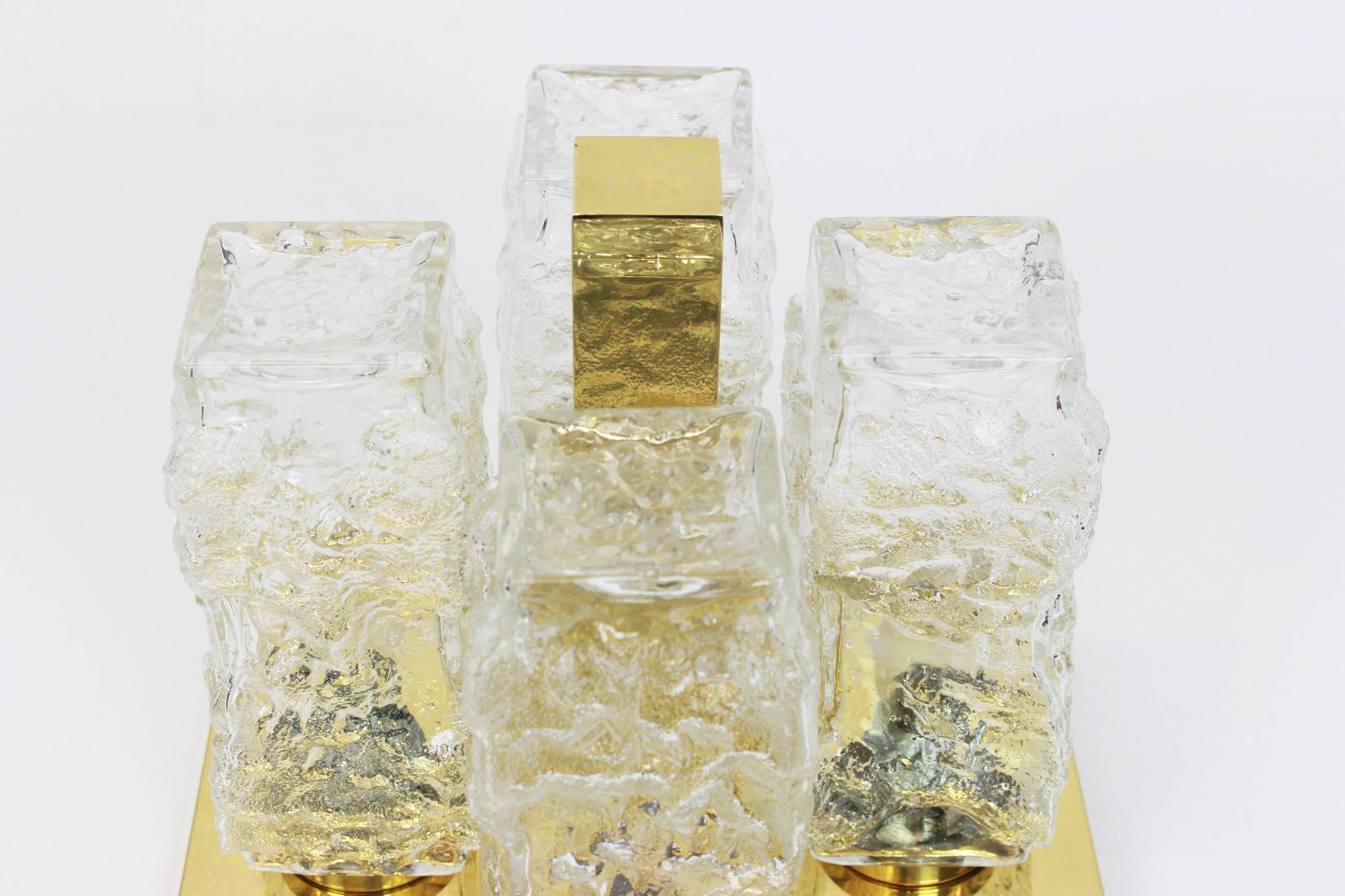 Petite Square Brass Ice Glass Flushmount by Hillebrand, Germany, 1970s In Good Condition For Sale In Aachen, NRW
