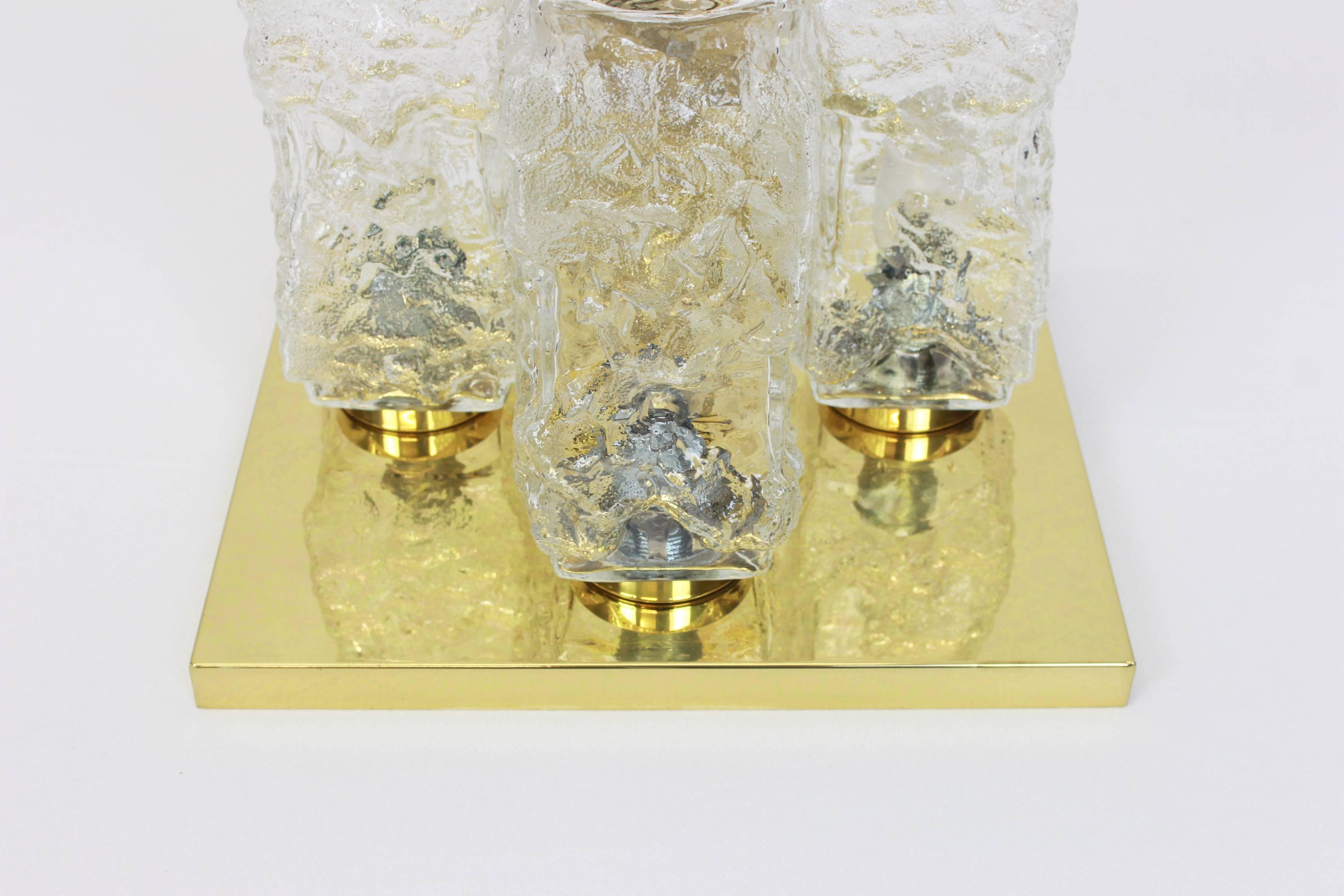 Late 20th Century Petite Square Brass Ice Glass Flush Mount by Hillebrand, Germany, 1970s