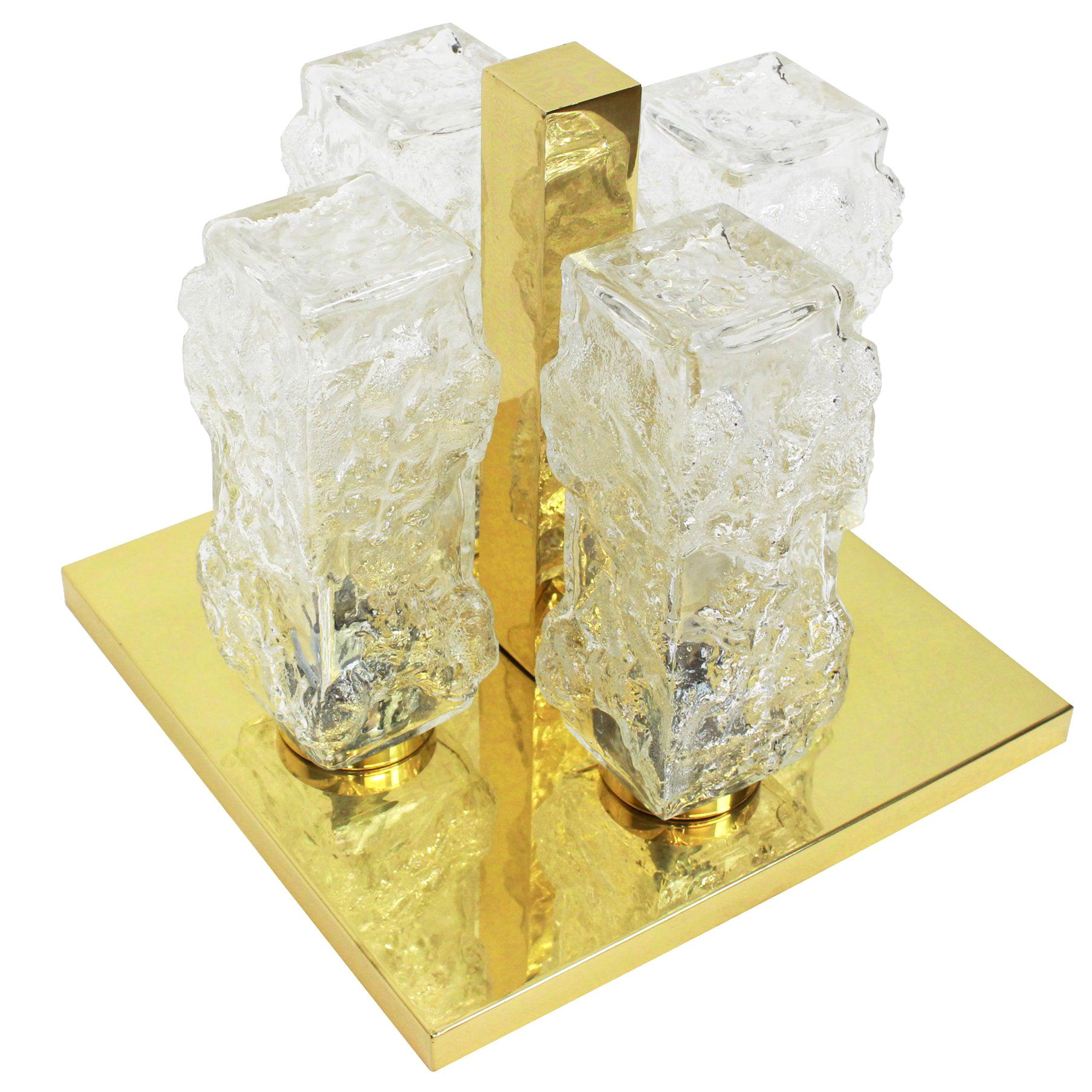 Petite Square Brass Ice Glass Flushmount by Hillebrand, Germany, 1970s For Sale