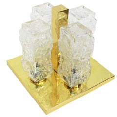 Petite Square Brass Ice Glass Flushmount by Hillebrand, Germany, 1970s
