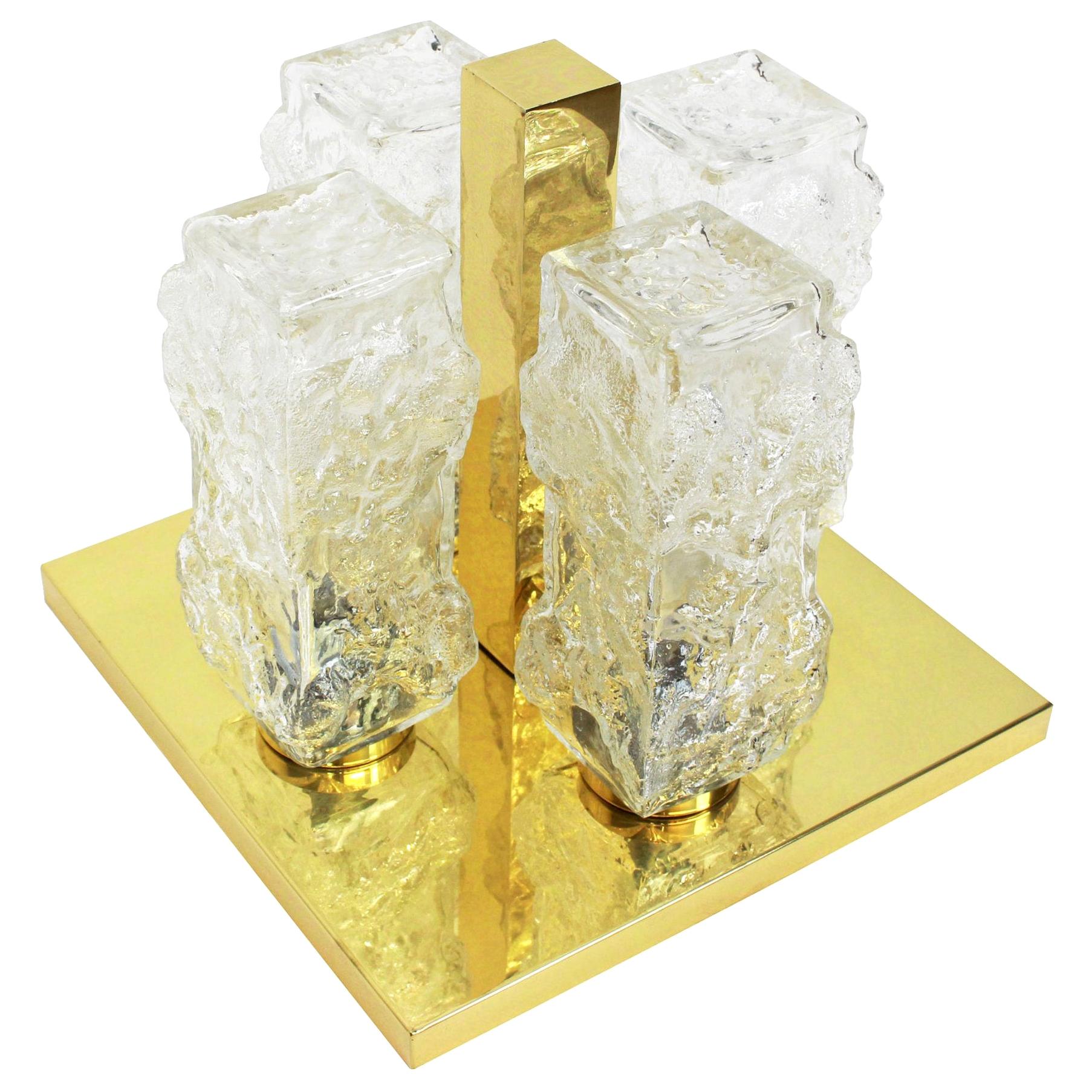 Petite Square Brass Ice Glass Flush Mount by Hillebrand, Germany, 1970s