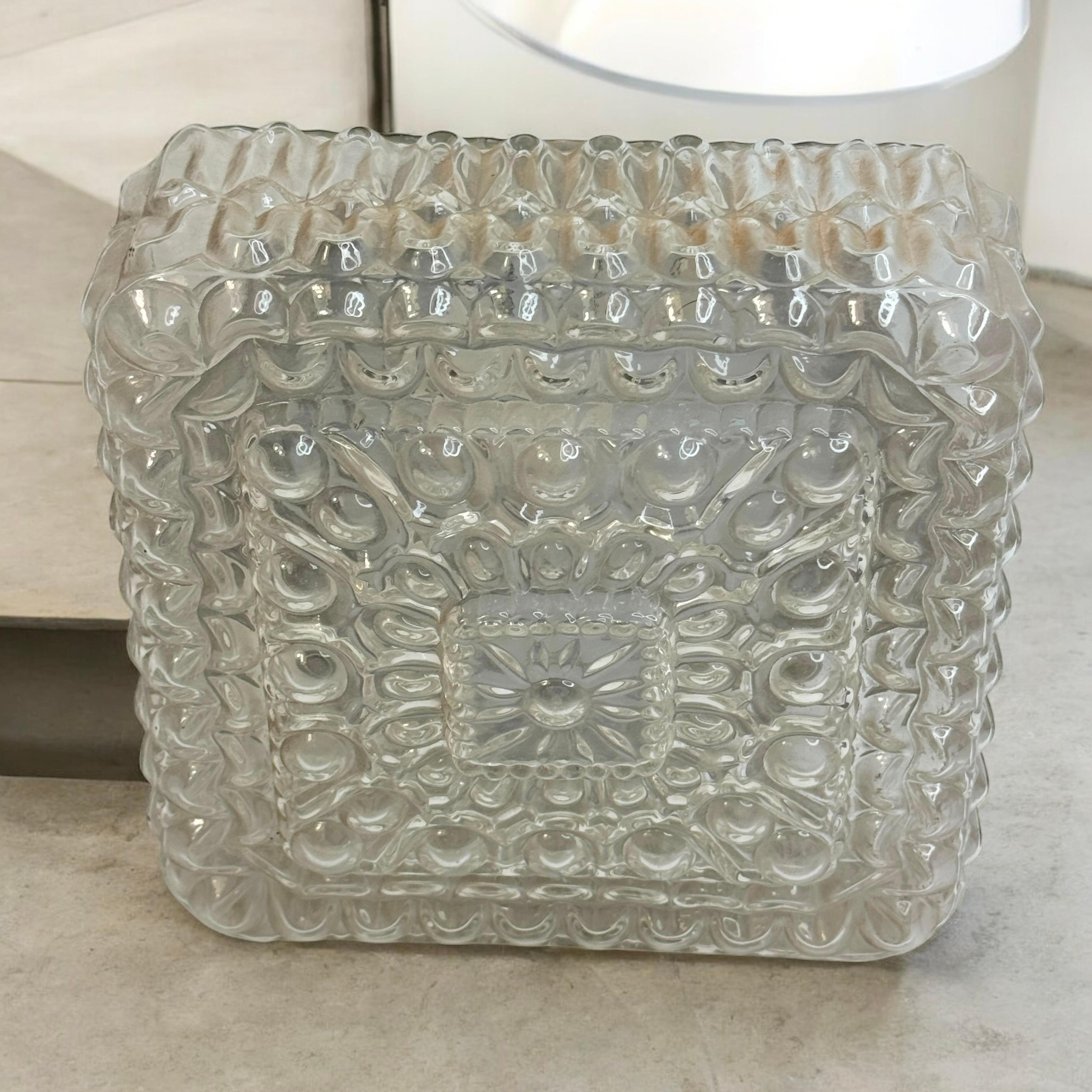 Mid-20th Century Petite Square Glass Bubble Pattern Flush Mount Ceiling Light, Austria, 1960s For Sale