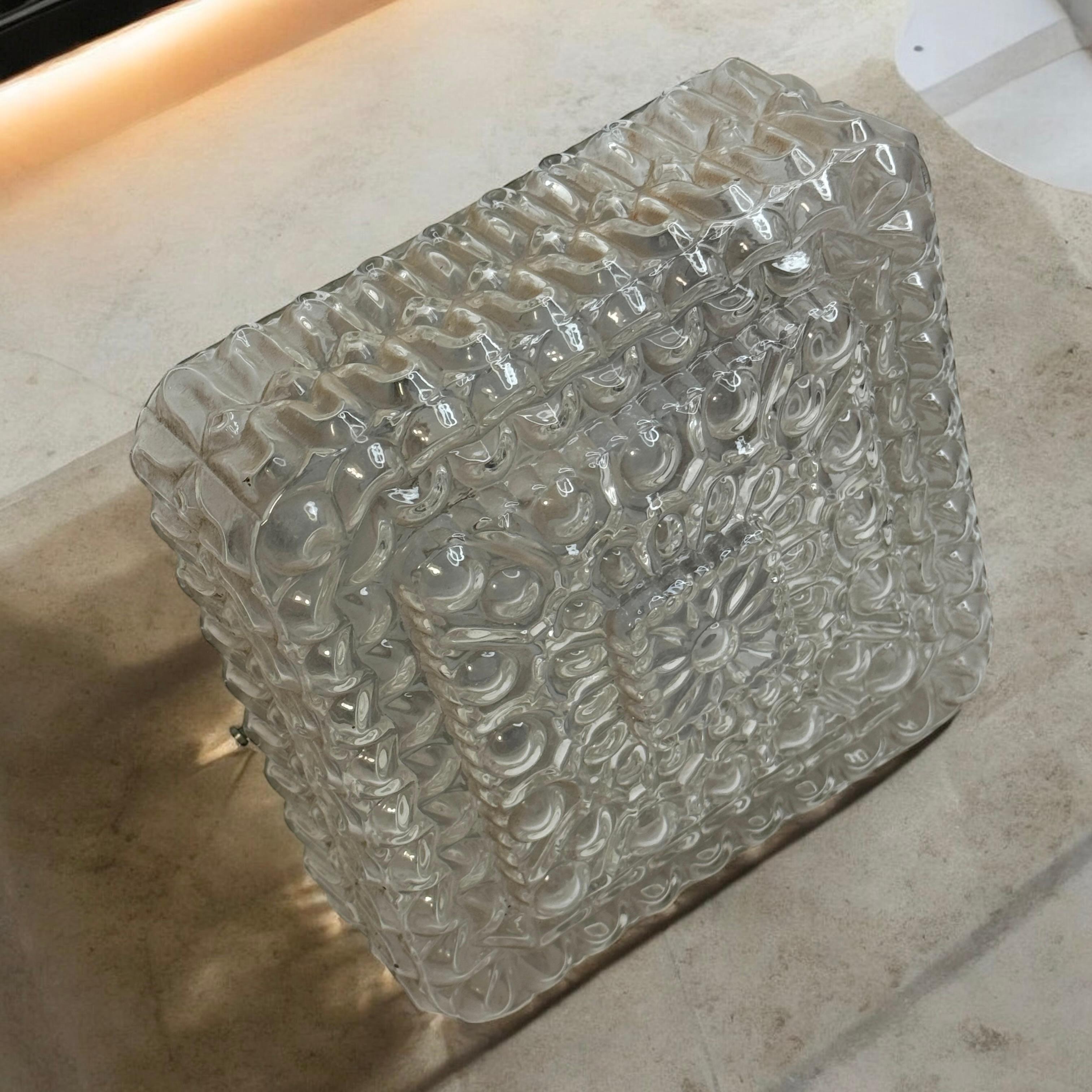 Metal Petite Square Glass Bubble Pattern Flush Mount Ceiling Light, Austria, 1960s For Sale
