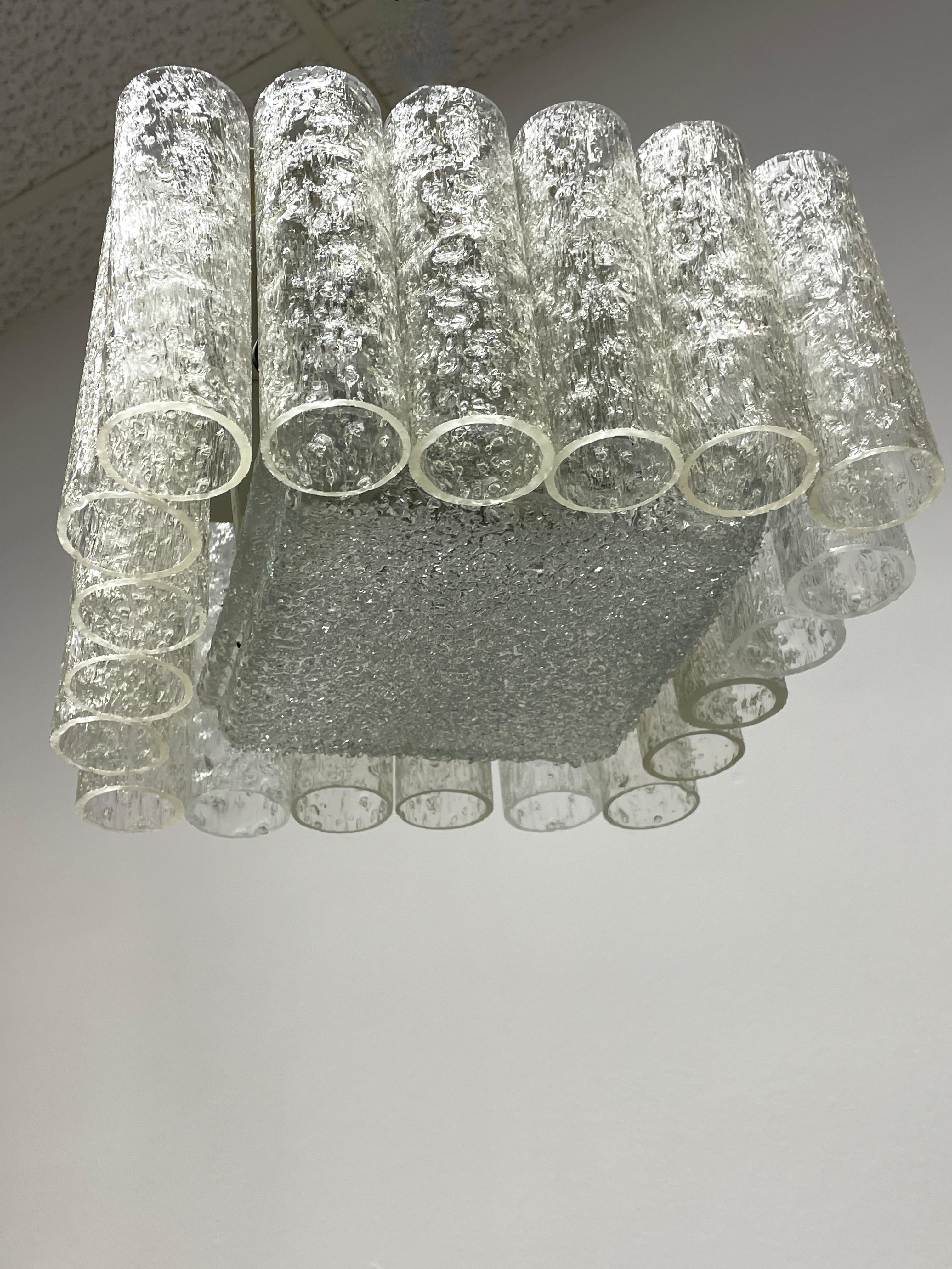 Metal Petite Square Glass Tube Chandelier Flush Mount, Doria Leuchten, Germany, 1960s For Sale