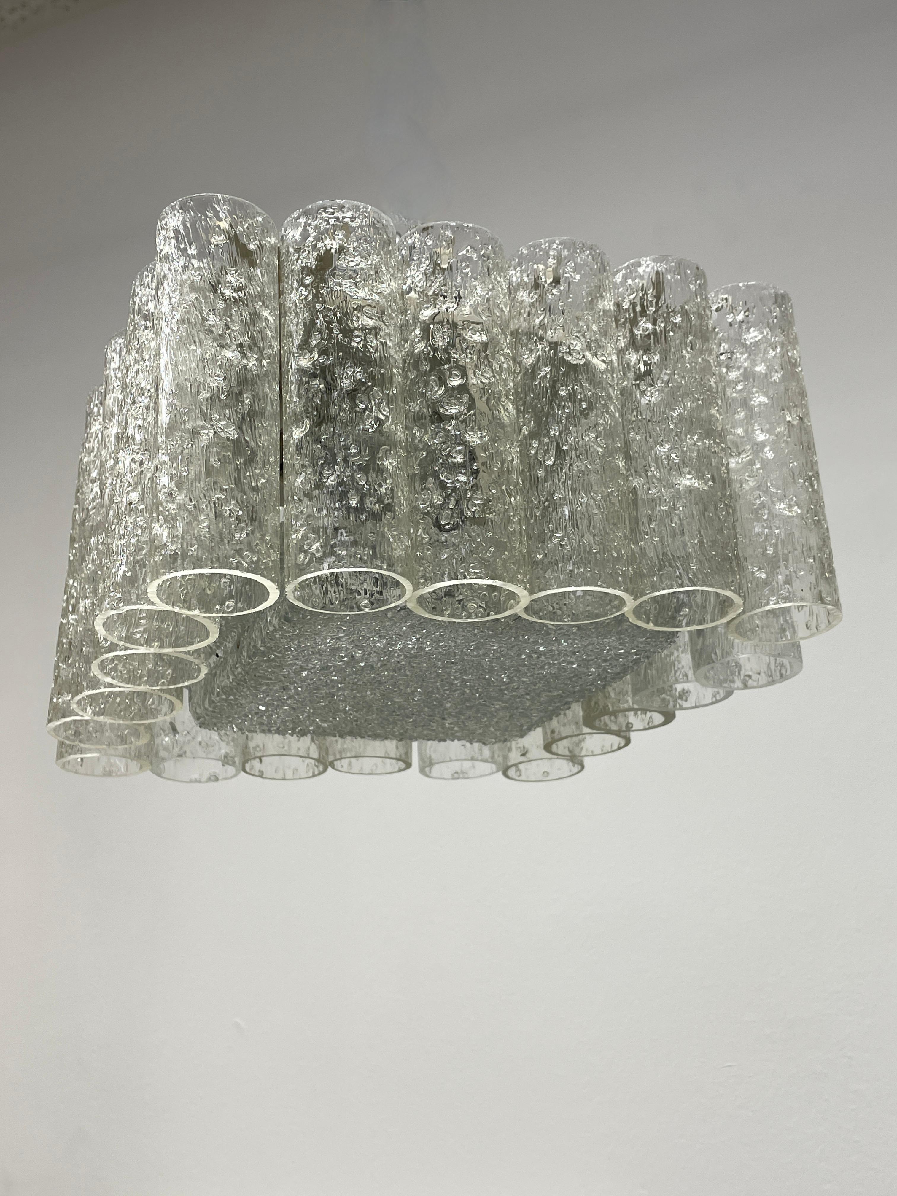 Petite Square Glass Tube Chandelier Flush Mount, Doria Leuchten, Germany, 1960s For Sale 1