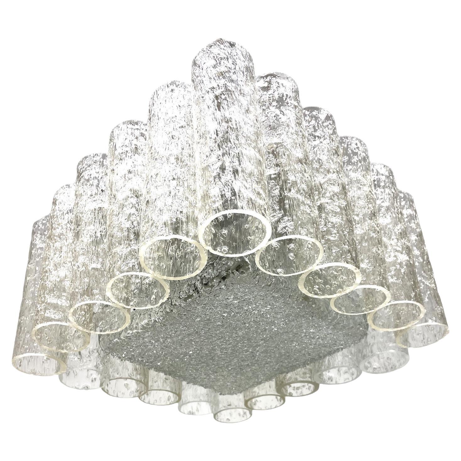 Petite Square Glass Tube Chandelier Flush Mount, Doria Leuchten, Germany, 1960s For Sale