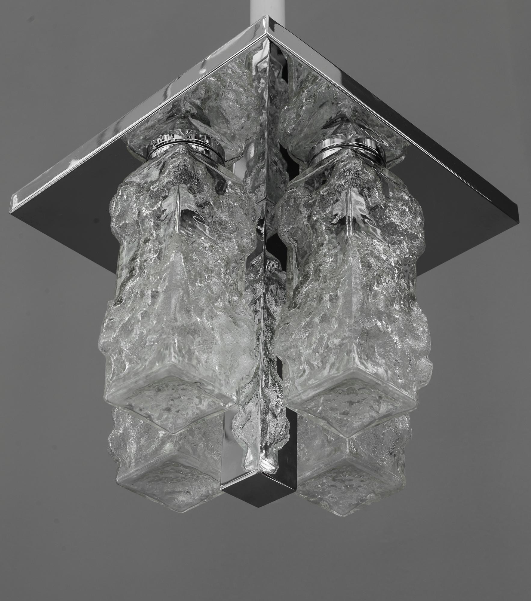 Petite Square Nickel-Plated Ice Glass Flush Mount by Hillebrand, Germany, 1970s For Sale 5