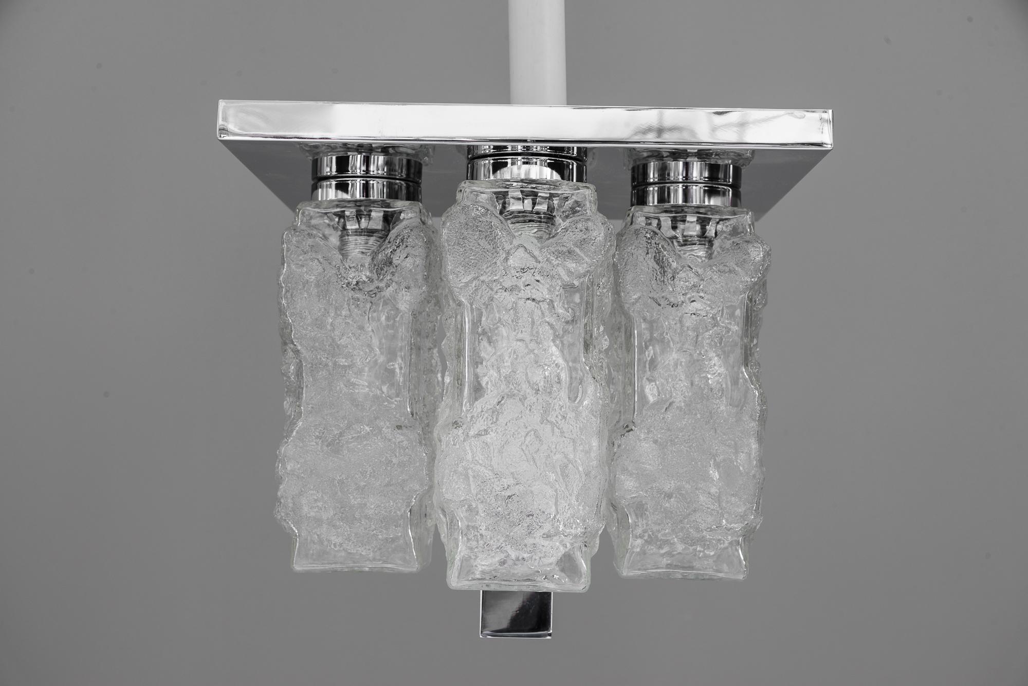 Mid-Century Modern Petite Square Nickel-Plated Ice Glass Flush Mount by Hillebrand, Germany, 1970s For Sale