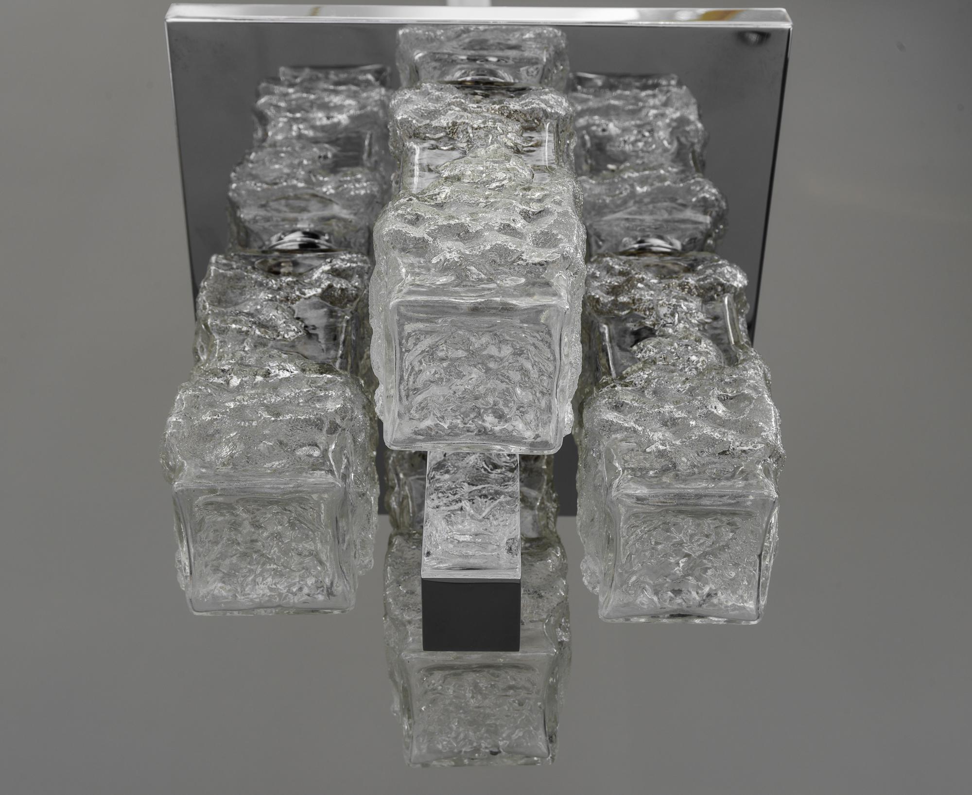 Petite Square Nickel-Plated Ice Glass Flush Mount by Hillebrand, Germany, 1970s For Sale 1