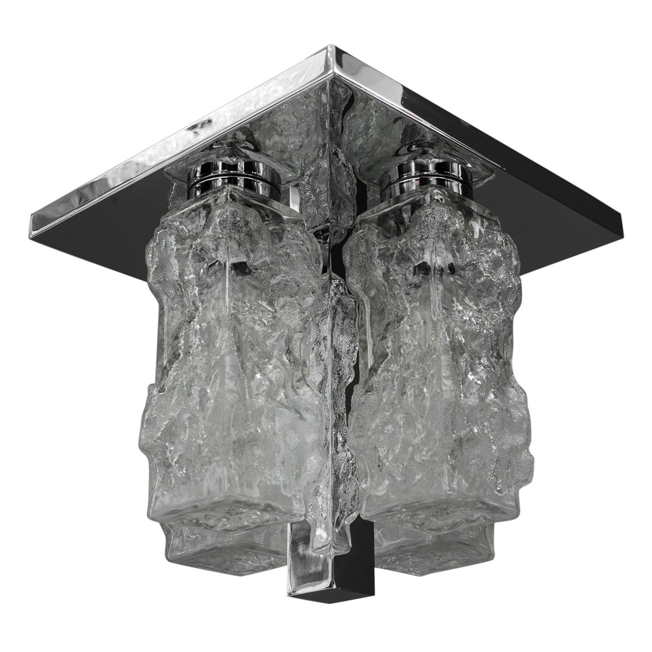 Petite Square Nickel-Plated Ice Glass Flush Mount by Hillebrand, Germany, 1970s For Sale