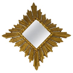 Petite Square Starburst Sunburst Gilded Wood Mirror, Austria, 1960s