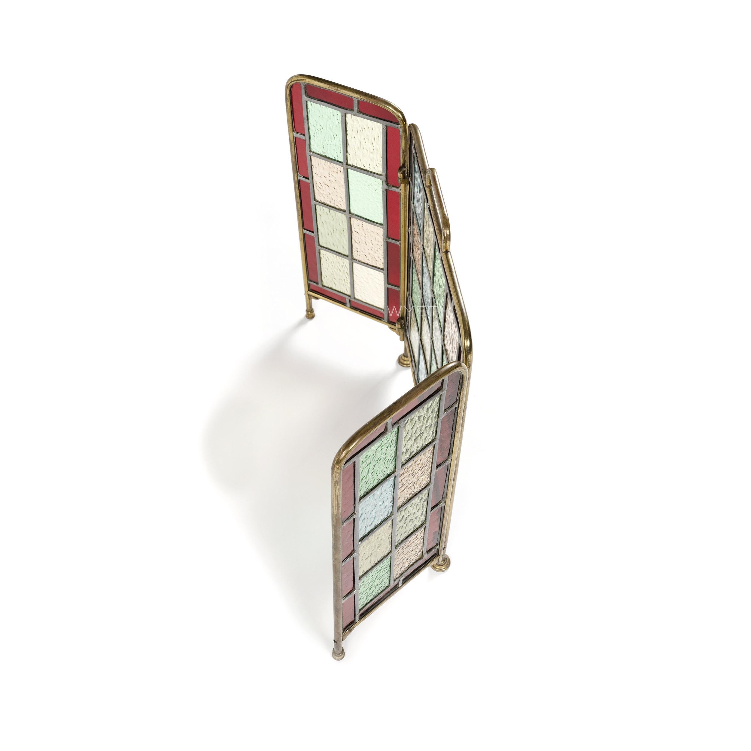 Brass Petite Stained Glass Firescreen For Sale