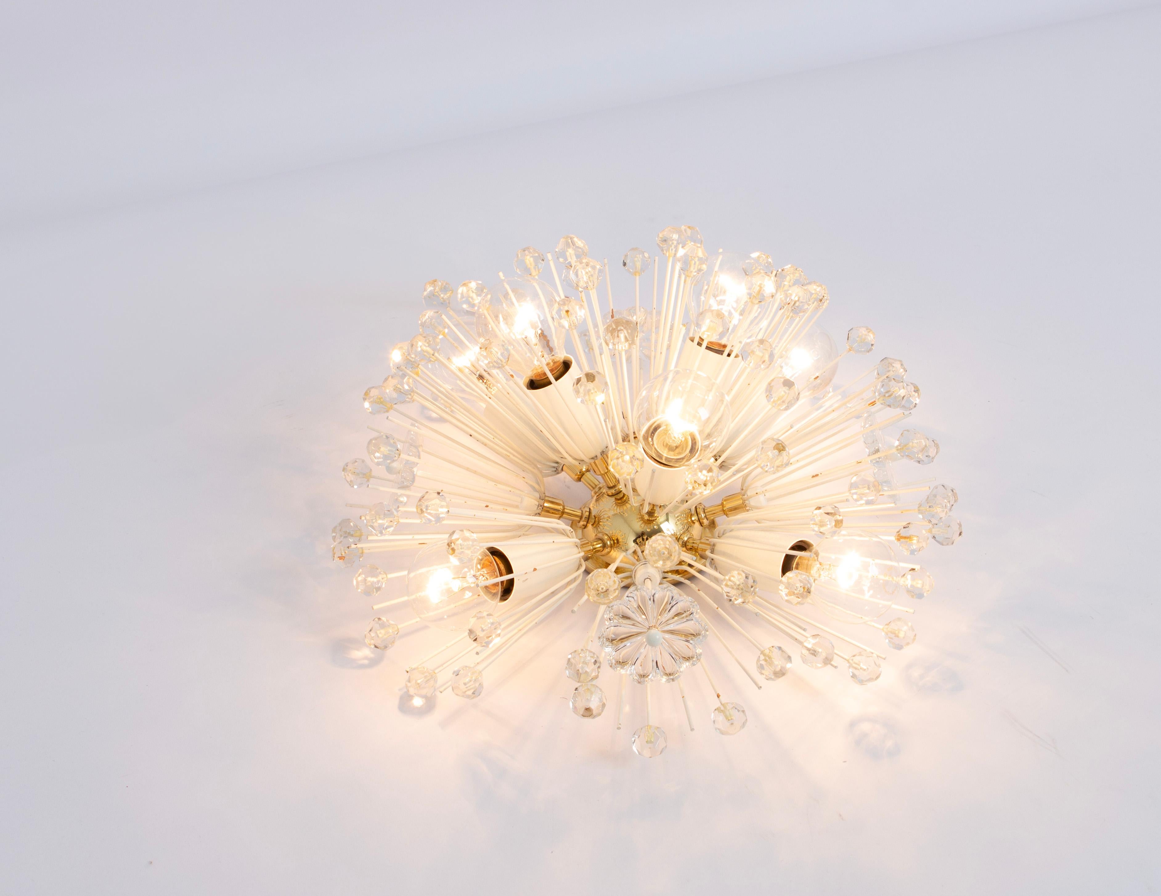 Petite Starburst Brass and Crystal Flush Mount by Emil Stejnar, Austria, 1960s In Good Condition For Sale In Aachen, NRW