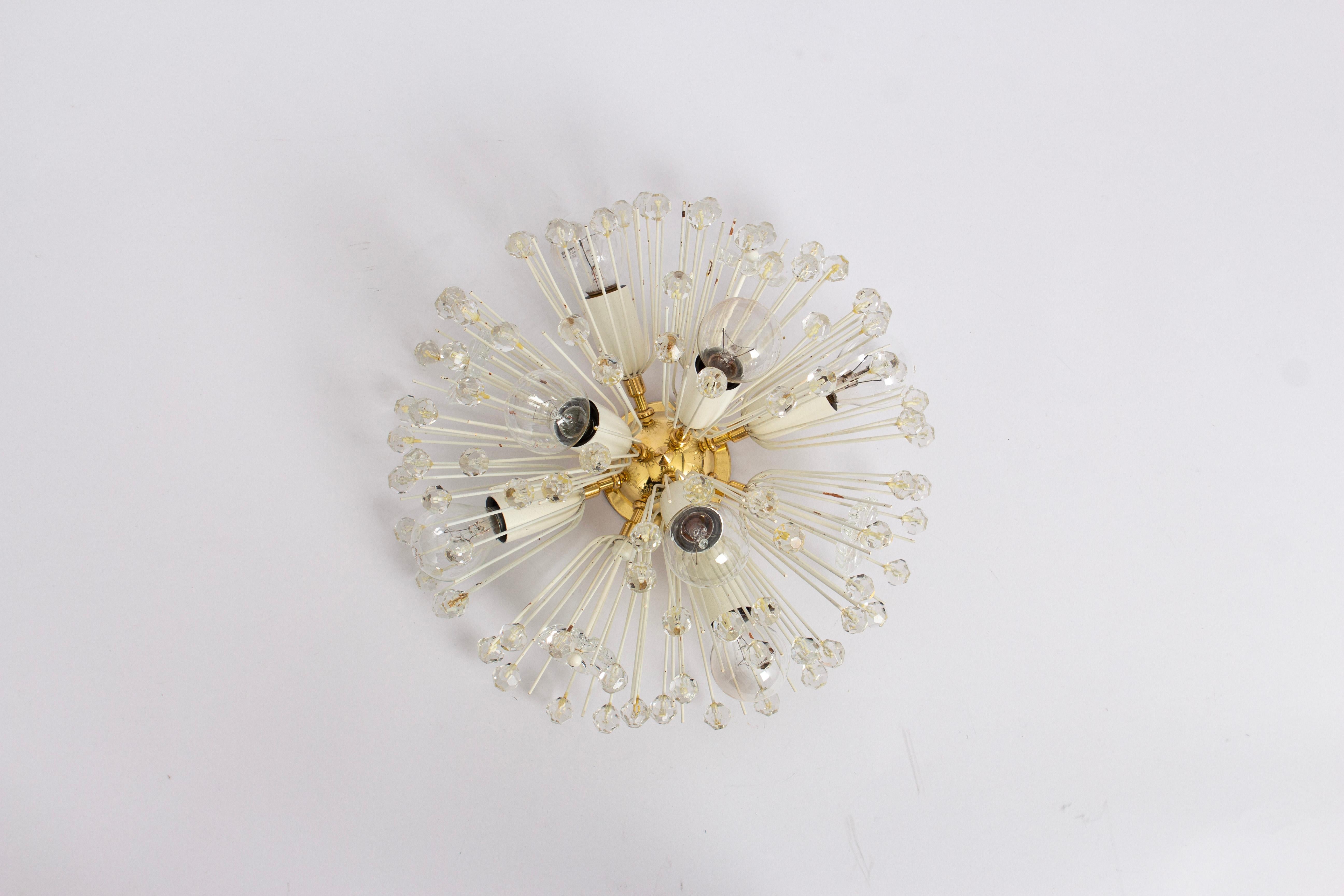 Mid-20th Century Petite Starburst Brass and Crystal Flush Mount by Emil Stejnar, Austria, 1960s For Sale