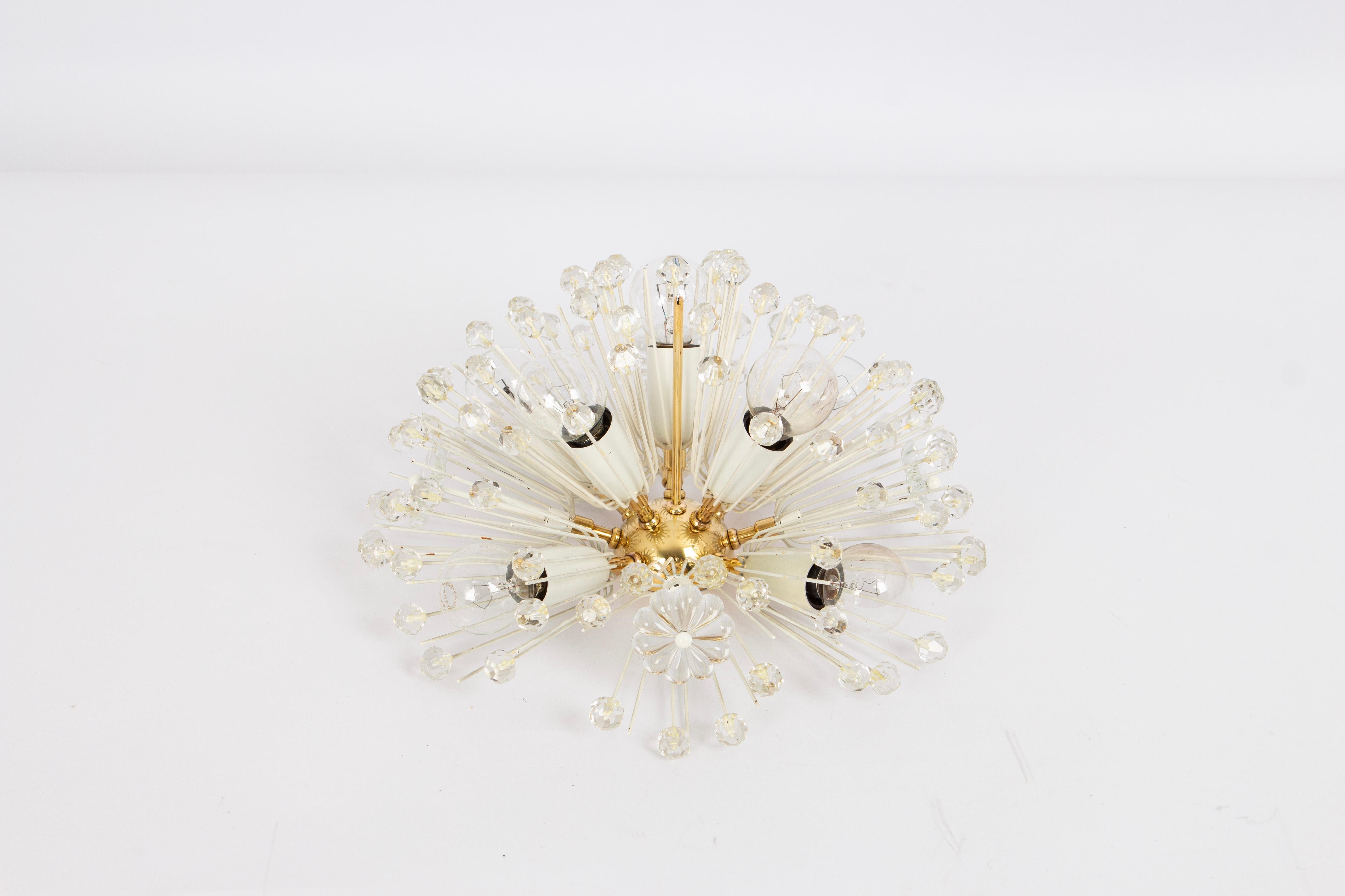 Petite Starburst Brass and Crystal Flush Mount by Emil Stejnar, Austria, 1960s For Sale 1