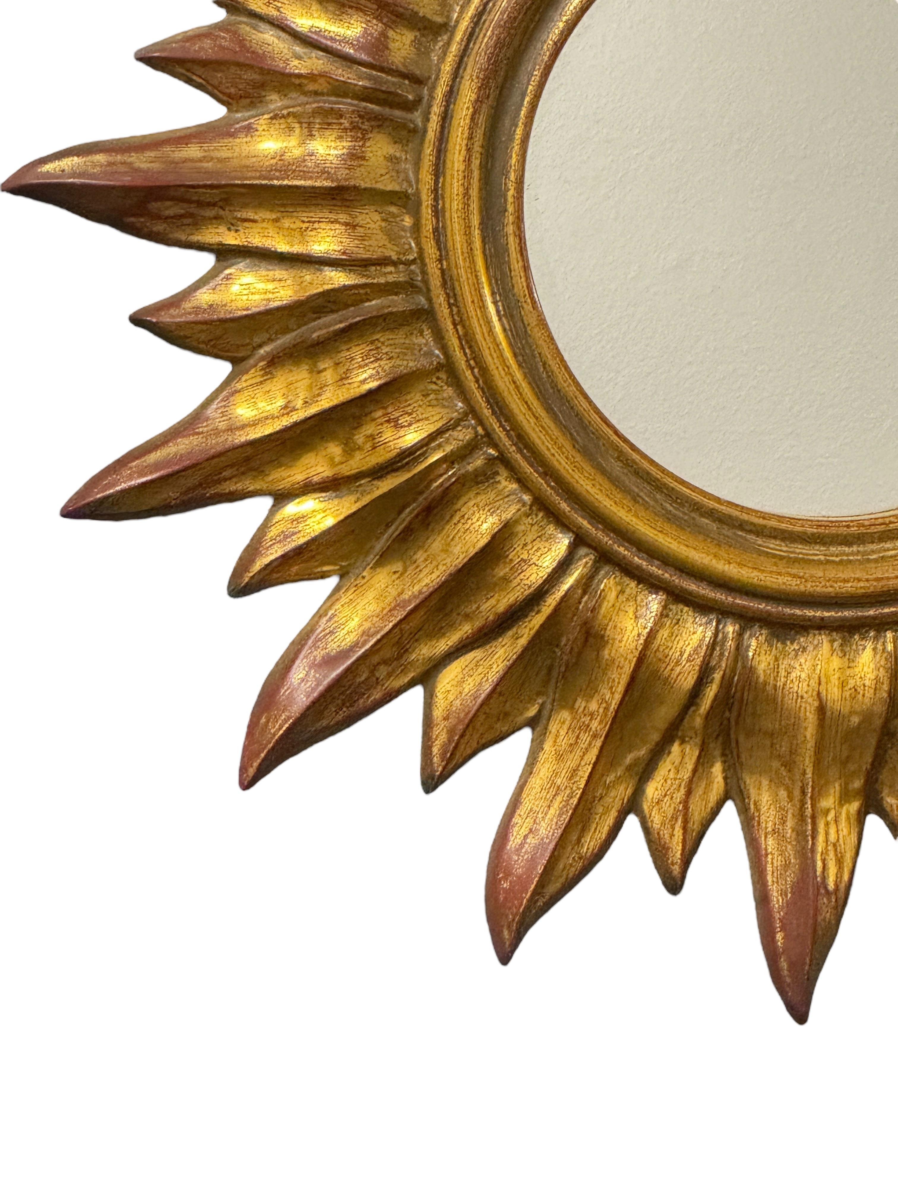 Hollywood Regency Petite Starburst Sunburst Gilded Resin Mirror, Belgium, circa 1970s For Sale