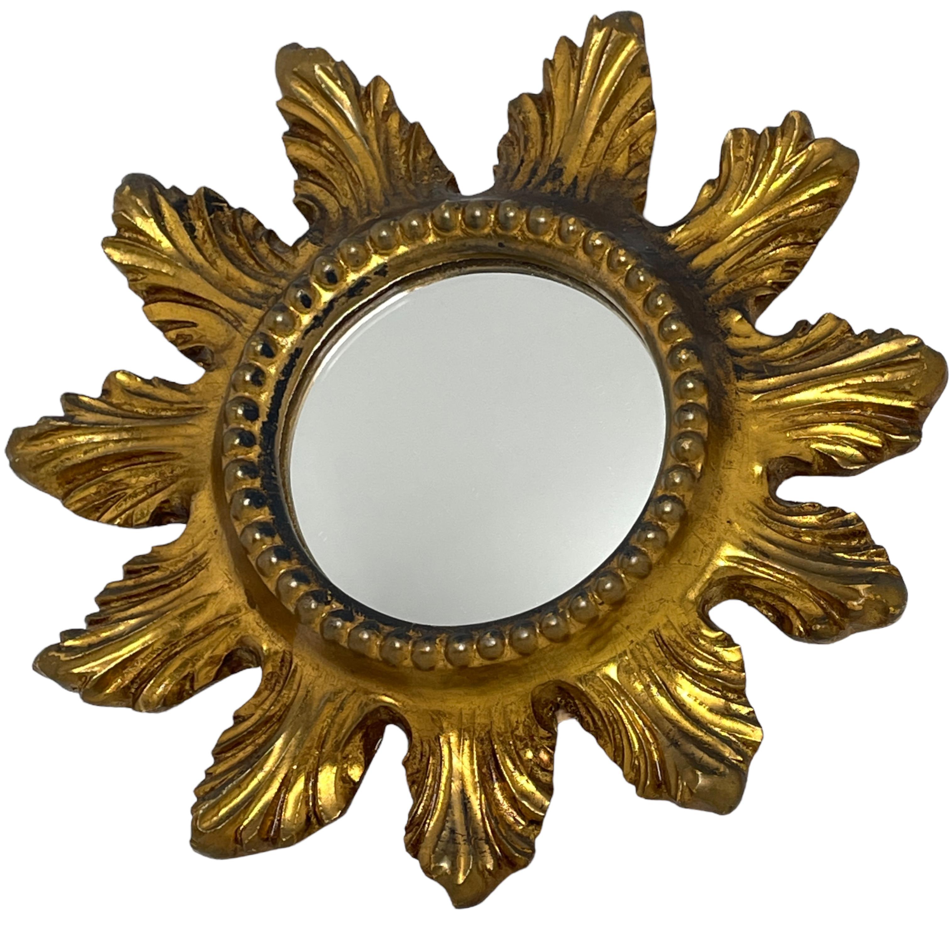 Hollywood Regency Petite Starburst Sunburst Gilded Wood and Composition Mirror, France For Sale