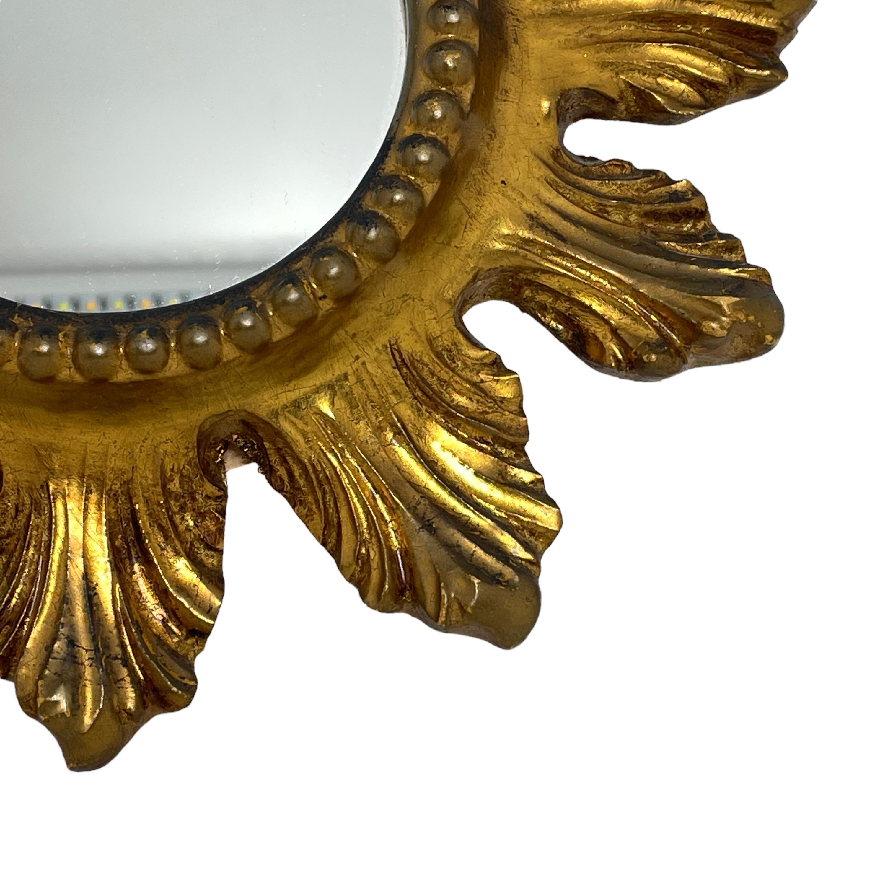 French Petite Starburst Sunburst Gilded Wood and Composition Mirror, France For Sale