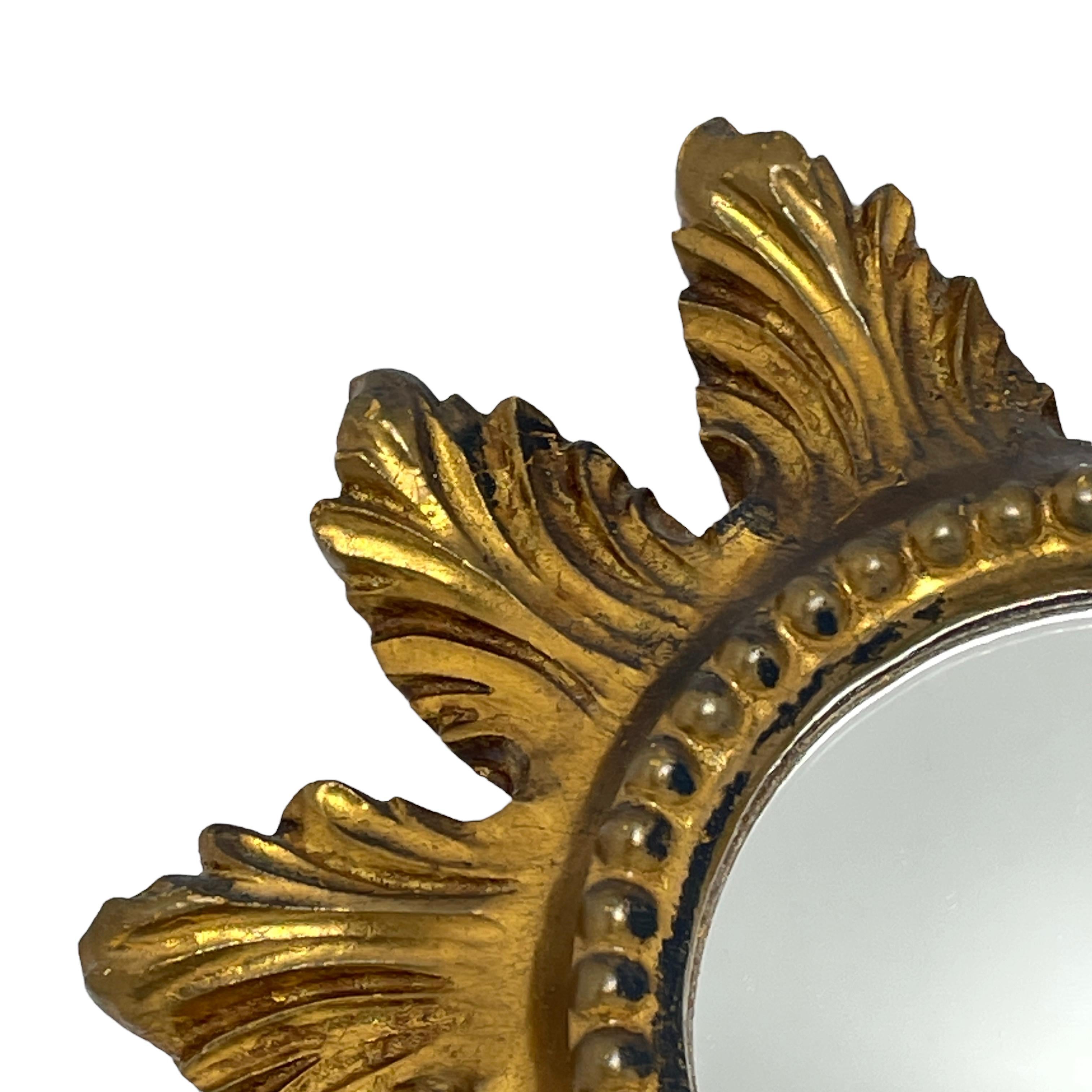 Mid-20th Century Petite Starburst Sunburst Gilded Wood and Composition Mirror, France For Sale