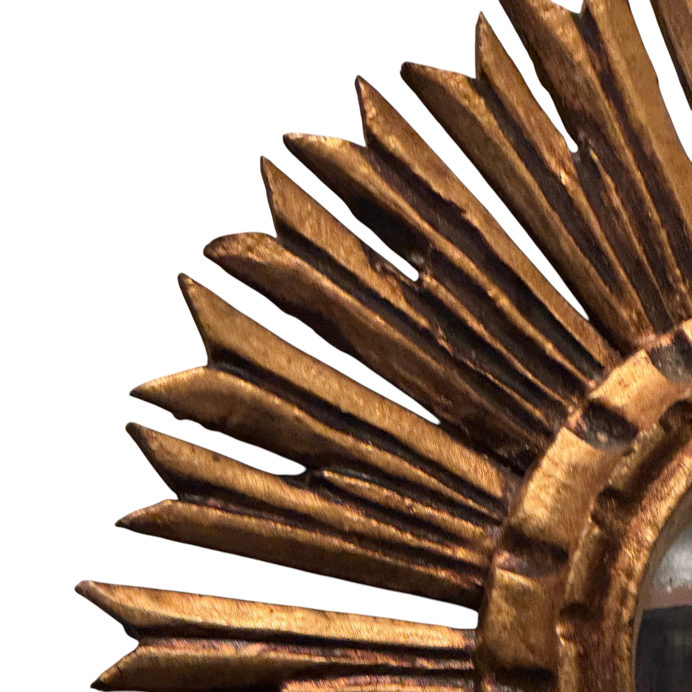 Petite Starburst Sunburst Gilded Wood Convex Mirror, Germany circa 1950s For Sale 5