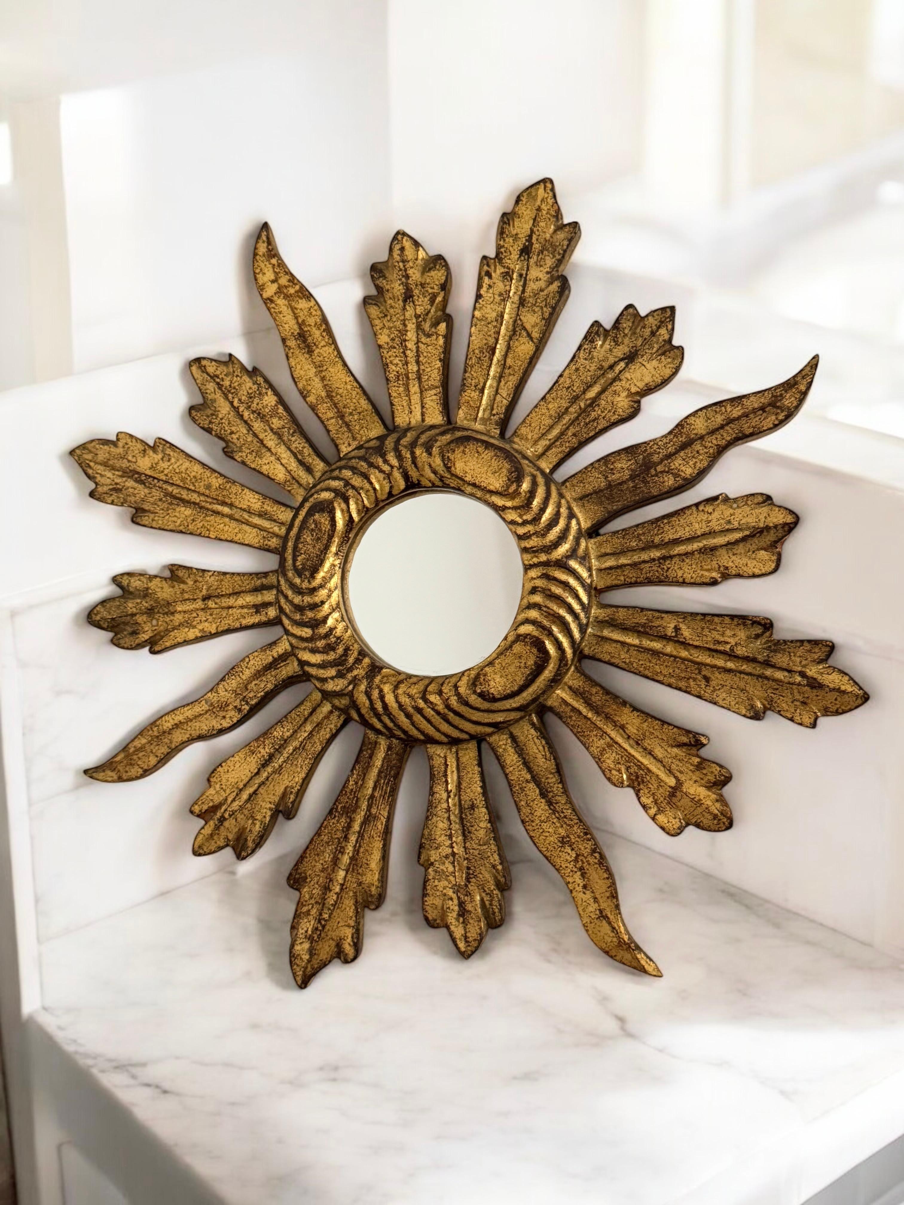 Petite Starburst Sunburst Gilded Wood Convex Mirror, Germany circa 1950s For Sale 5