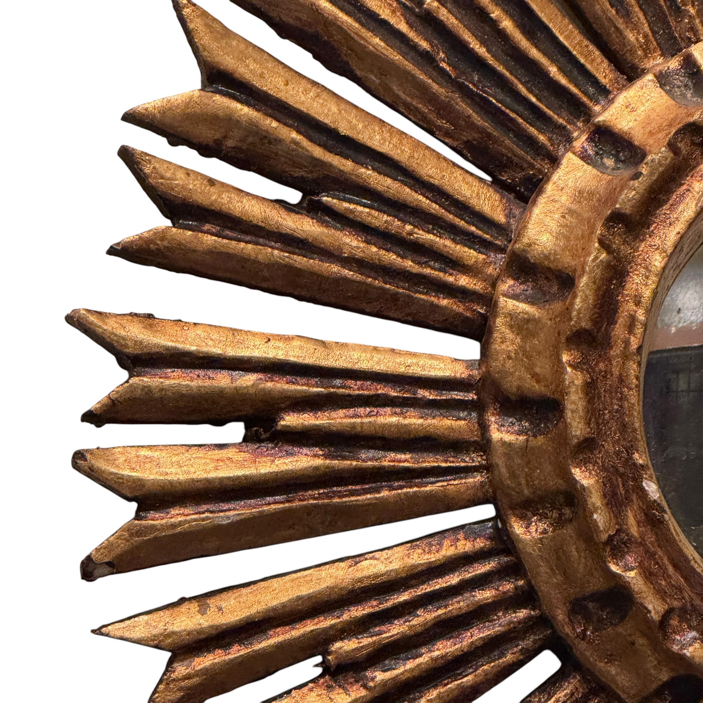 Petite Starburst Sunburst Gilded Wood Convex Mirror, Germany circa 1950s For Sale 6