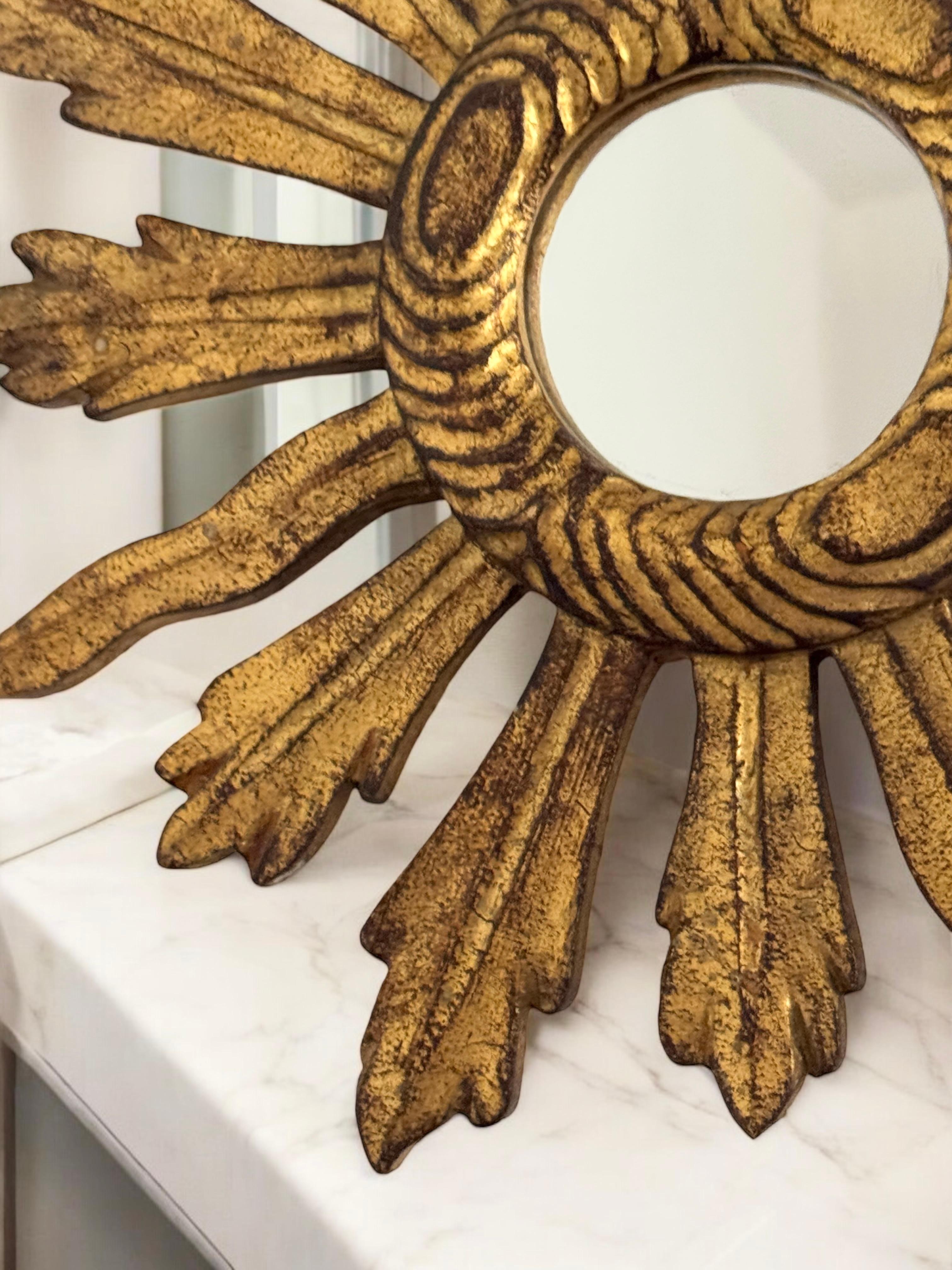 Petite Starburst Sunburst Gilded Wood Convex Mirror, Germany circa 1950s For Sale 6