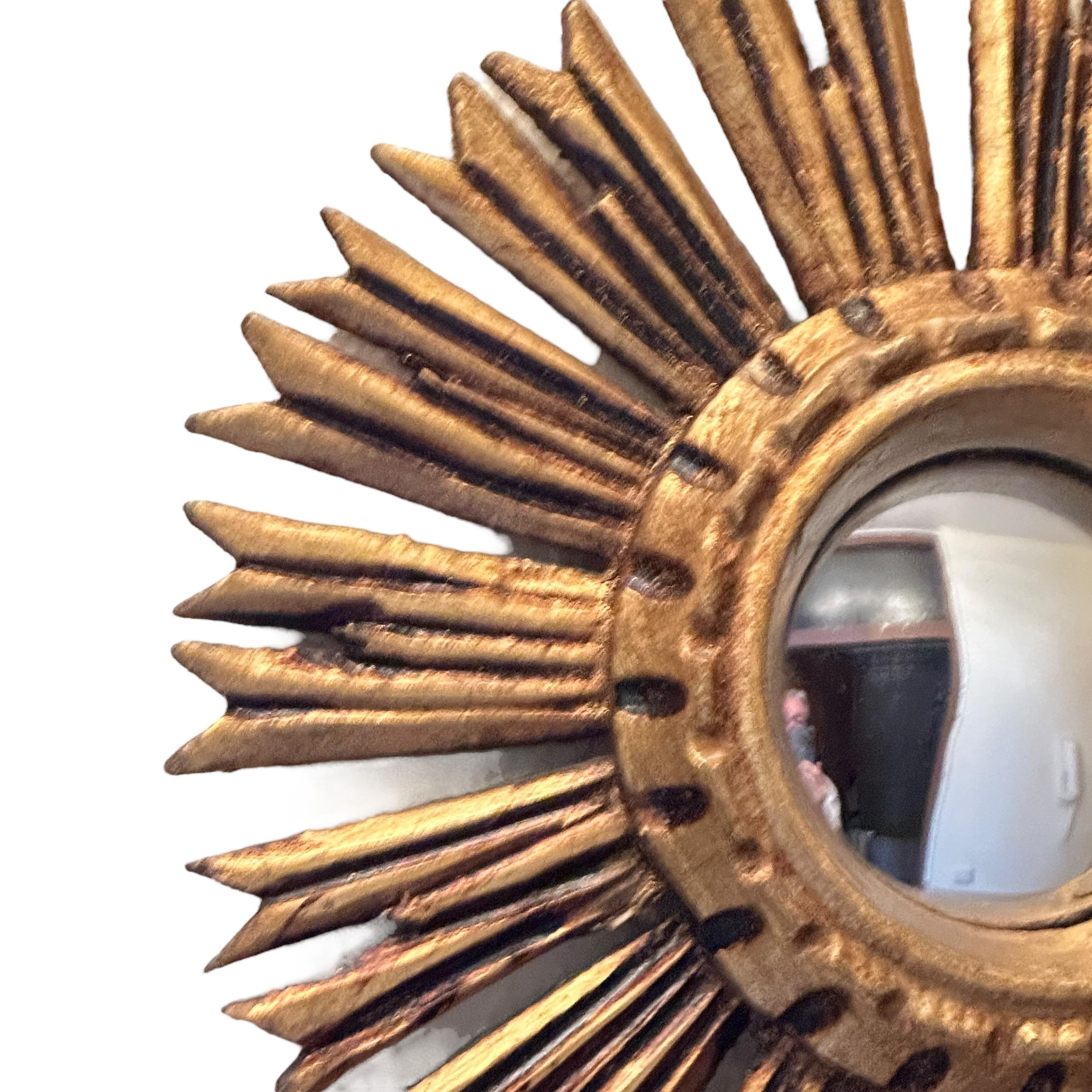 Petite Starburst Sunburst Gilded Wood Convex Mirror, Germany circa 1950s For Sale 7