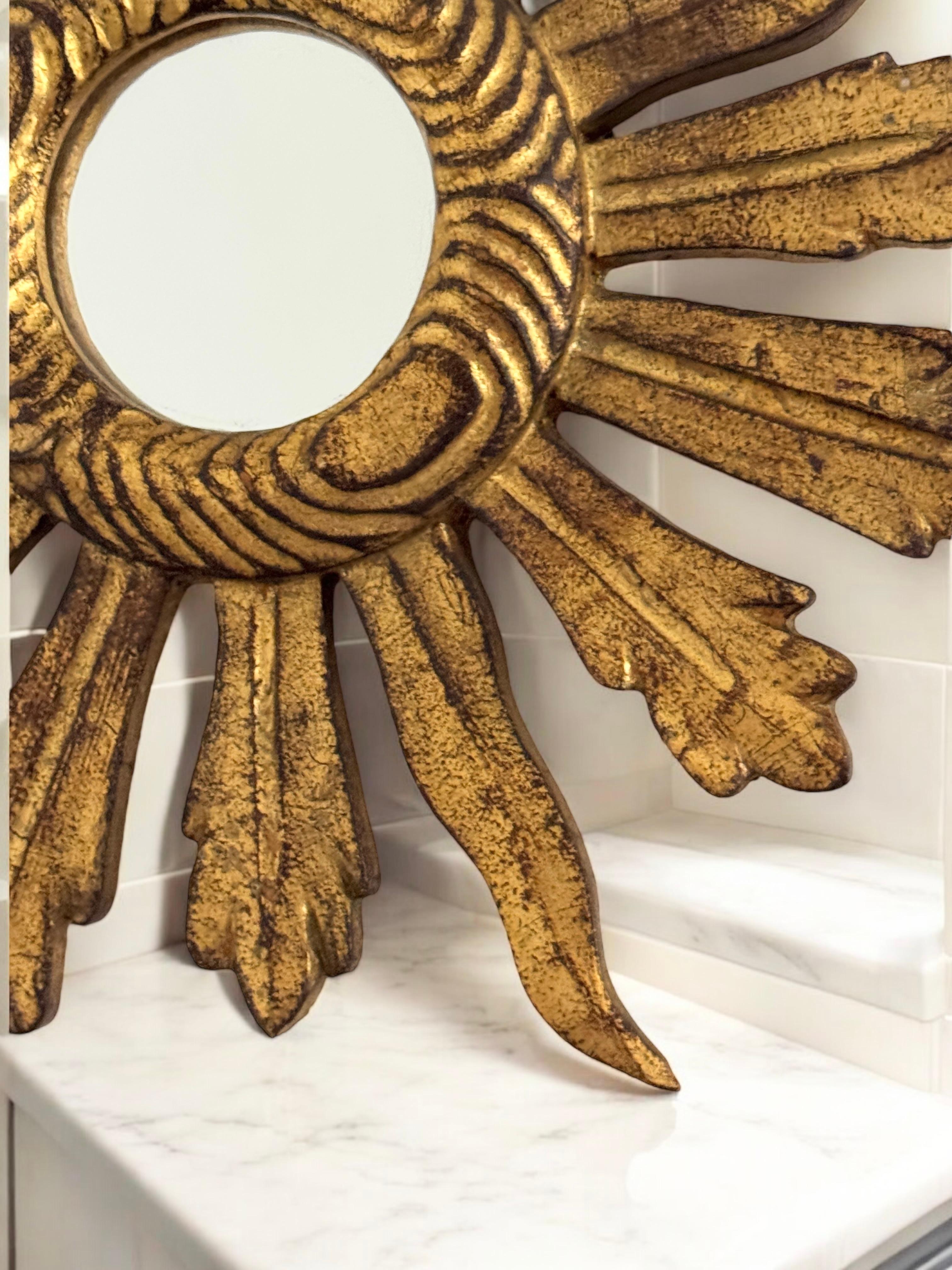 Petite Starburst Sunburst Gilded Wood Convex Mirror, Germany circa 1950s For Sale 7
