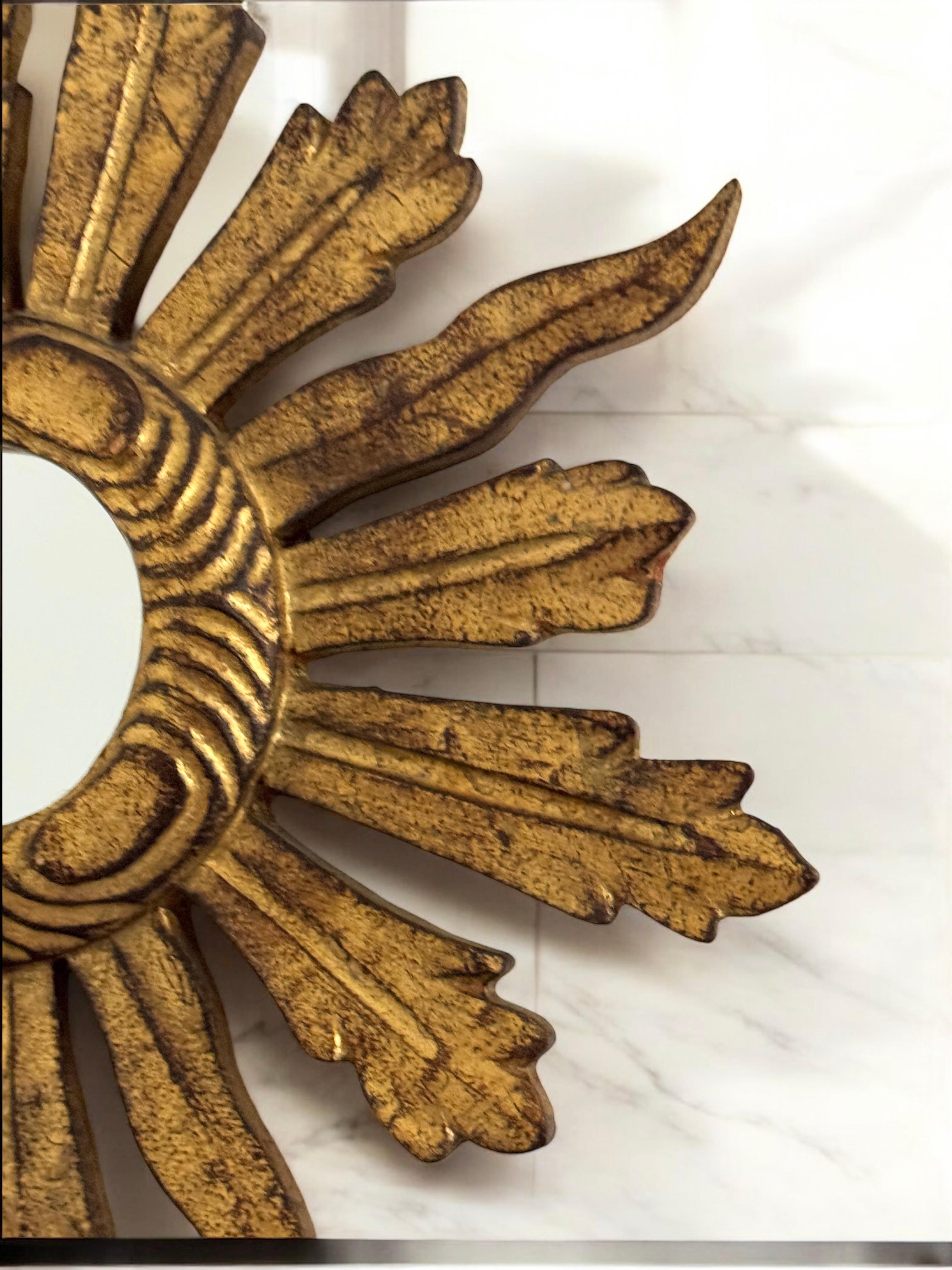 Petite Starburst Sunburst Gilded Wood Convex Mirror, Germany circa 1950s For Sale 8