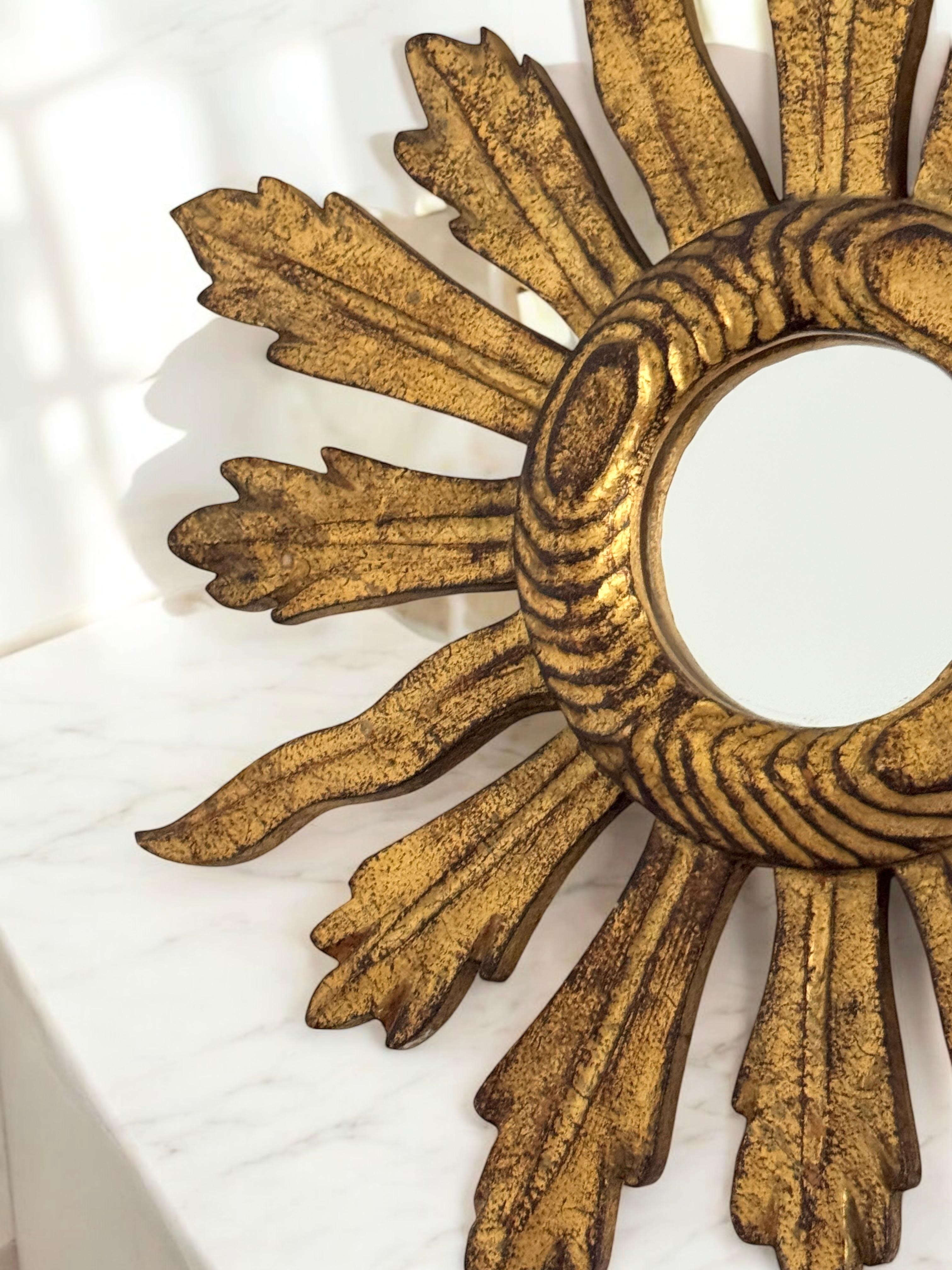 Petite Starburst Sunburst Gilded Wood Convex Mirror, Germany circa 1950s For Sale 9