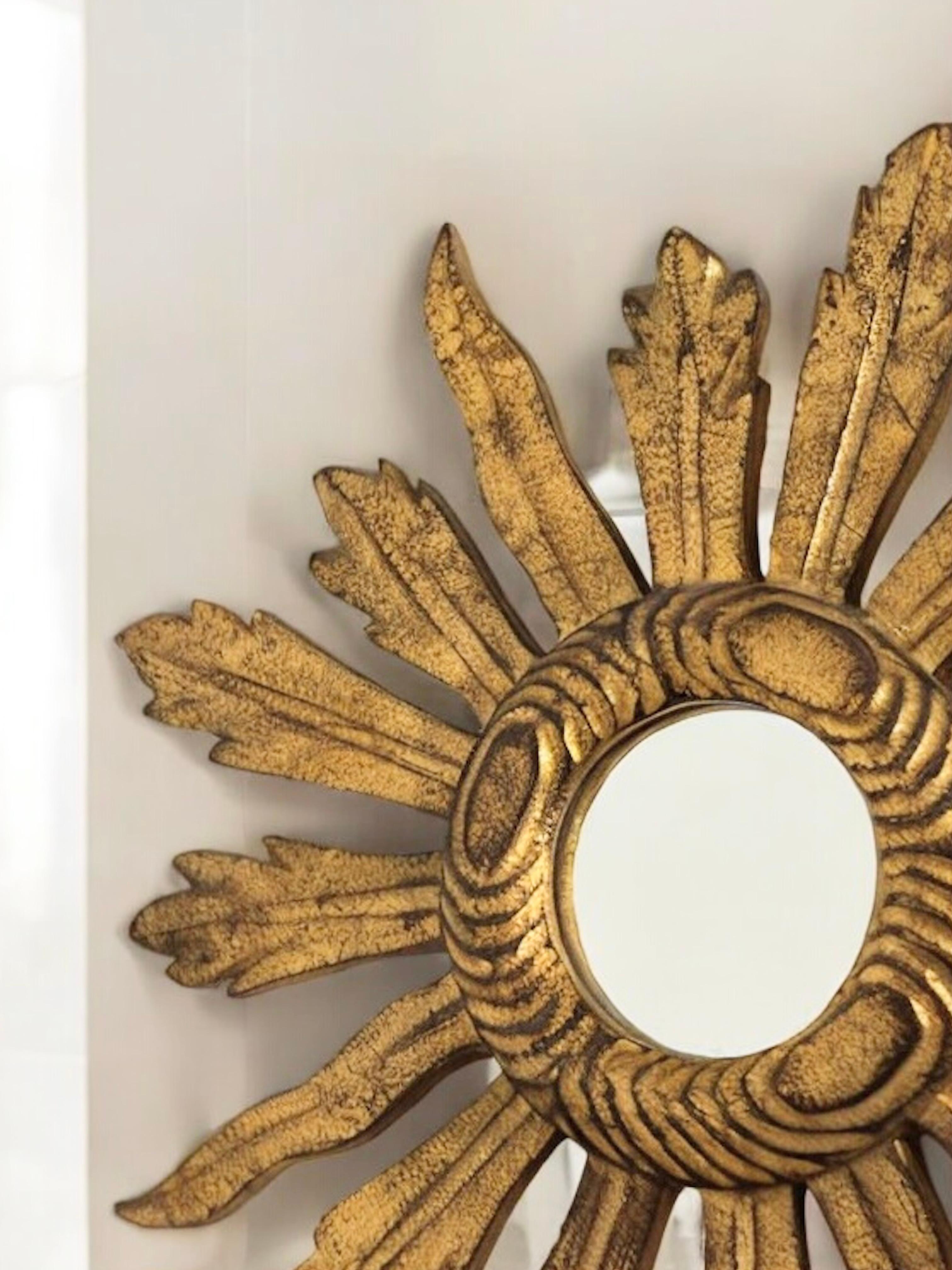 Petite Starburst Sunburst Gilded Wood Convex Mirror, Germany circa 1950s For Sale 10