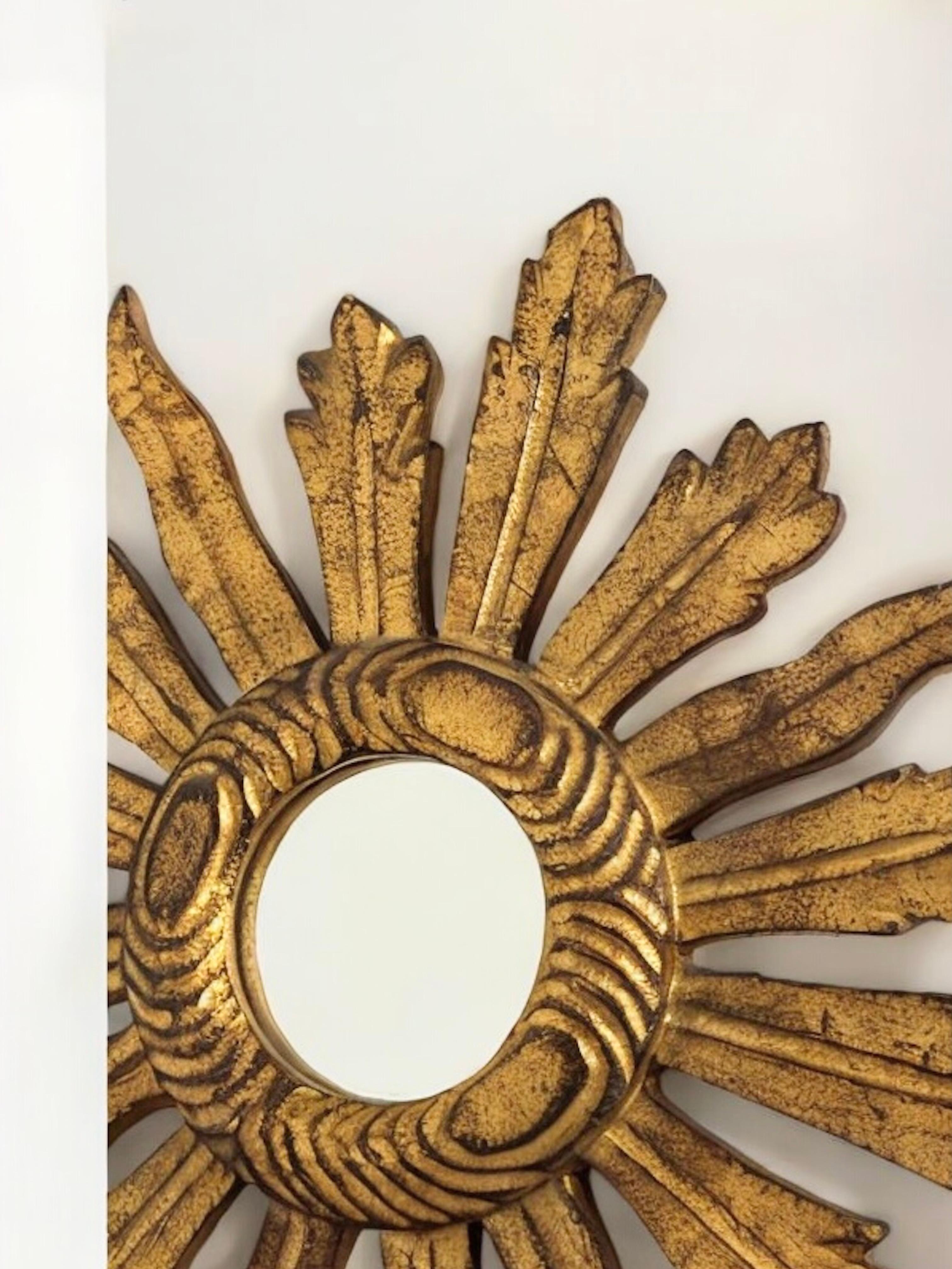 Petite Starburst Sunburst Gilded Wood Convex Mirror, Germany circa 1950s For Sale 11
