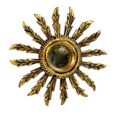Petite Starburst Sunburst Gilded Wood Convex Mirror, Germany circa 1950s