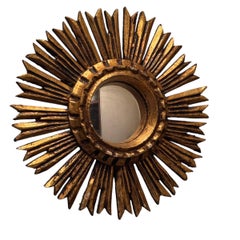Petite Starburst Sunburst Gilded Wood Convex Mirror, Germany circa 1950s
