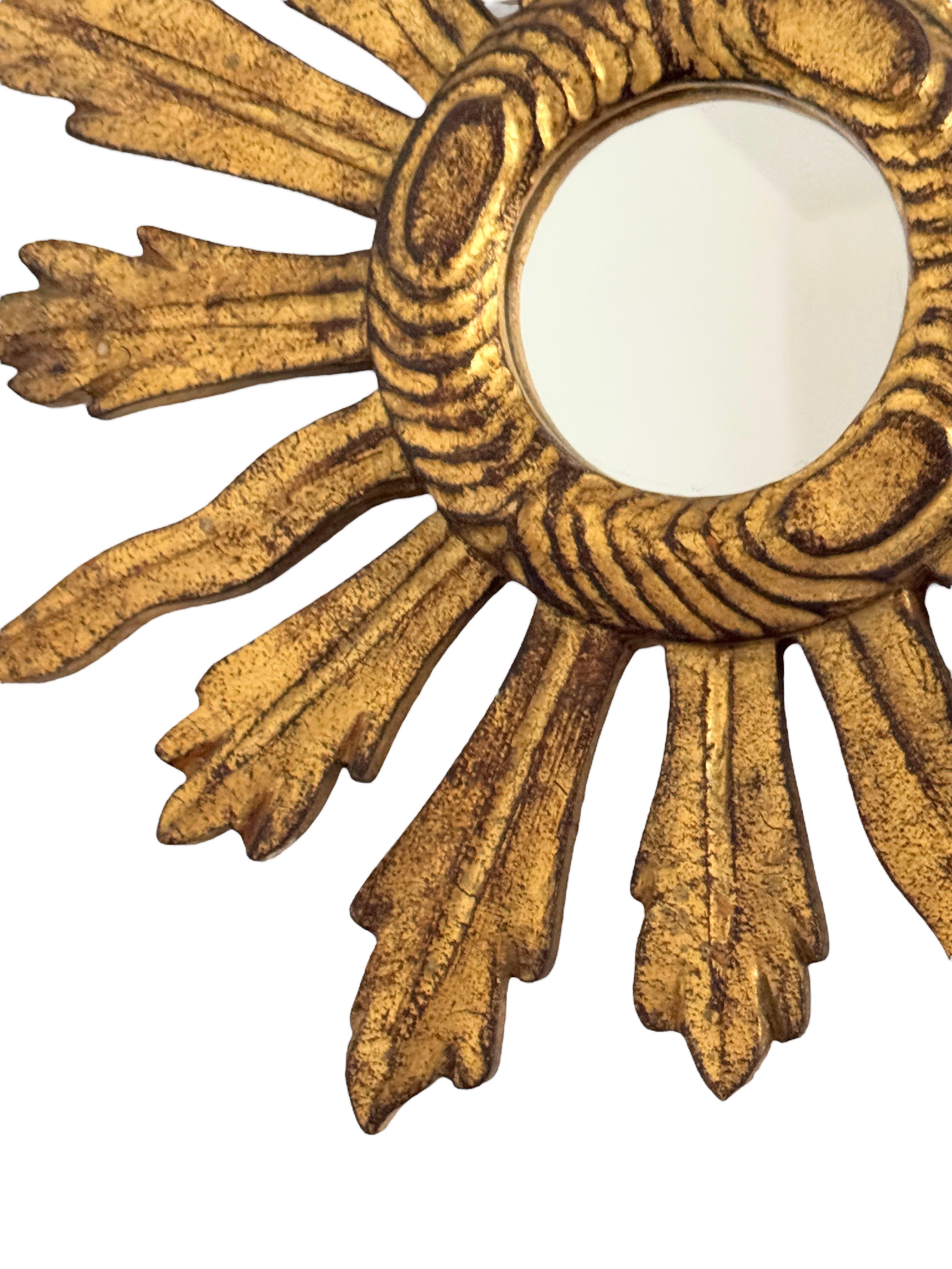 Hollywood Regency Petite Starburst Sunburst Gilded Wood Convex Mirror, Germany circa 1950s For Sale