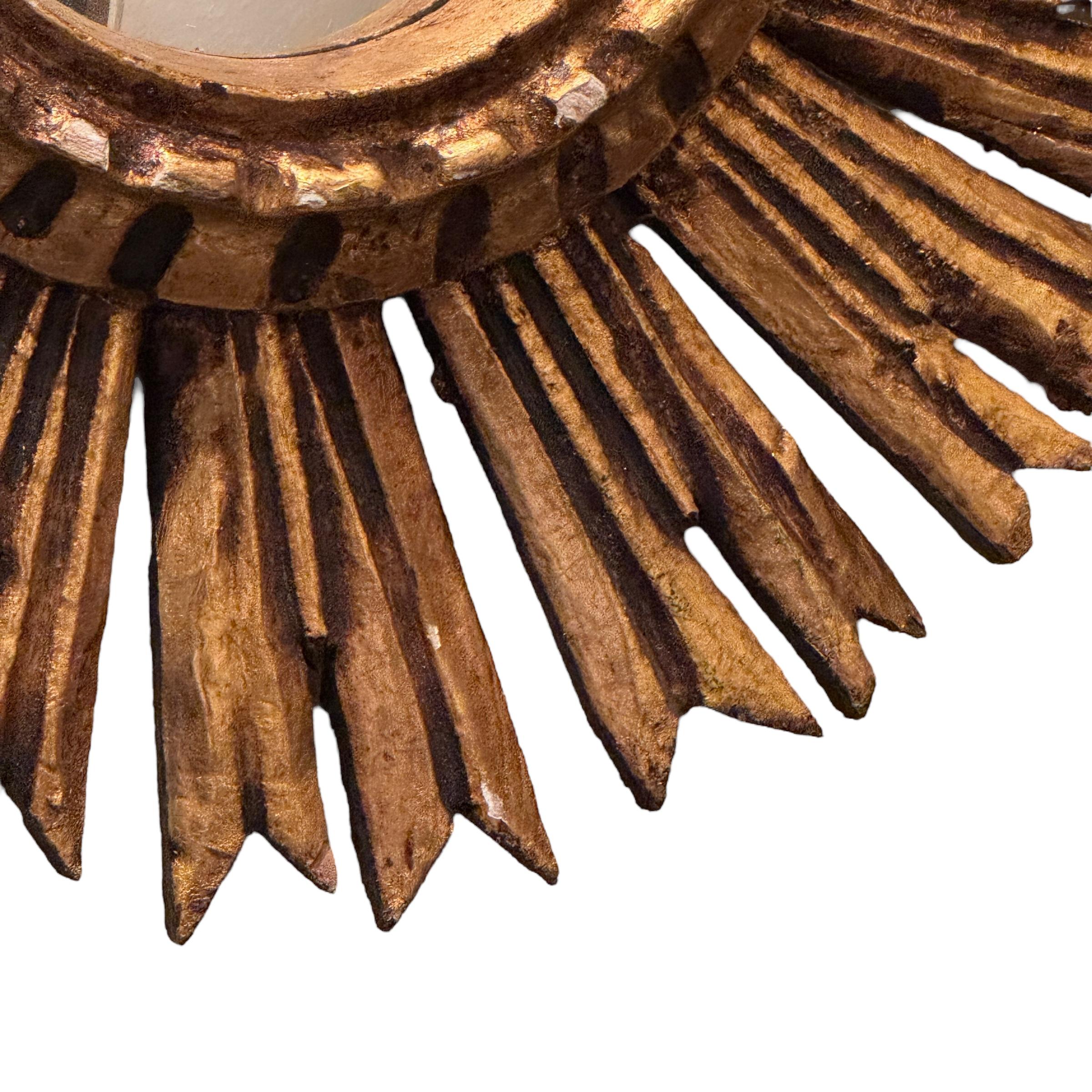 Mid-20th Century Petite Starburst Sunburst Gilded Wood Convex Mirror, Germany circa 1950s For Sale