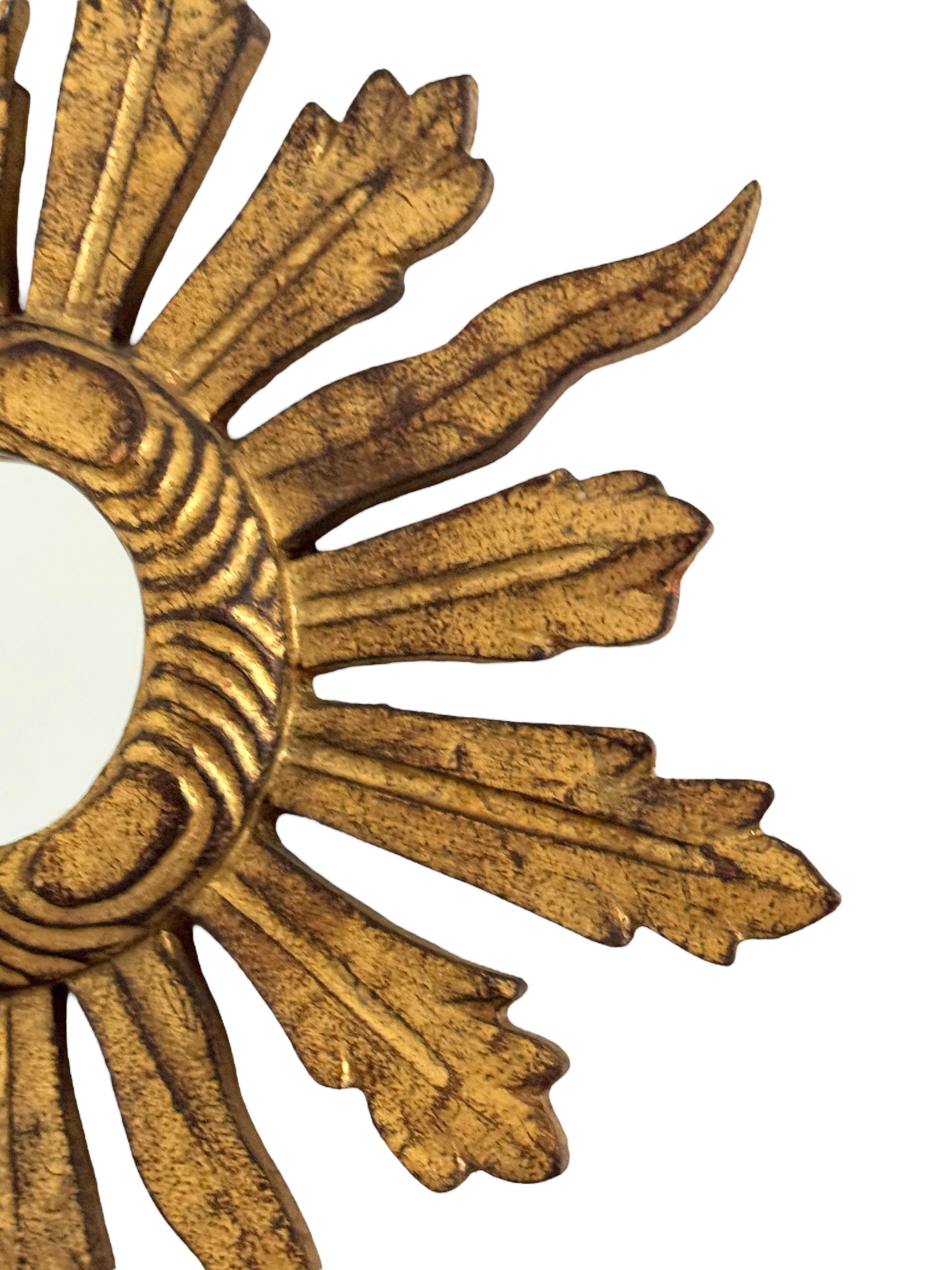Mid-20th Century Petite Starburst Sunburst Gilded Wood Convex Mirror, Germany circa 1950s For Sale