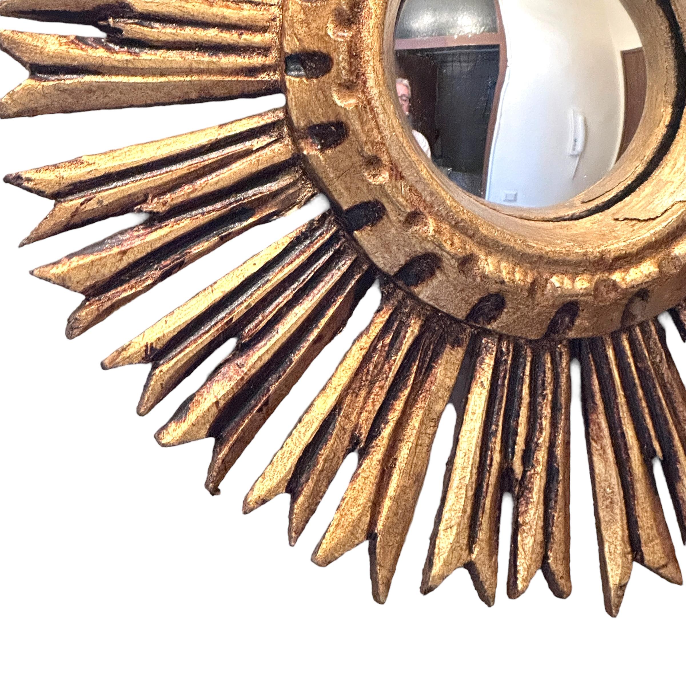 Petite Starburst Sunburst Gilded Wood Convex Mirror, Germany circa 1950s For Sale 2