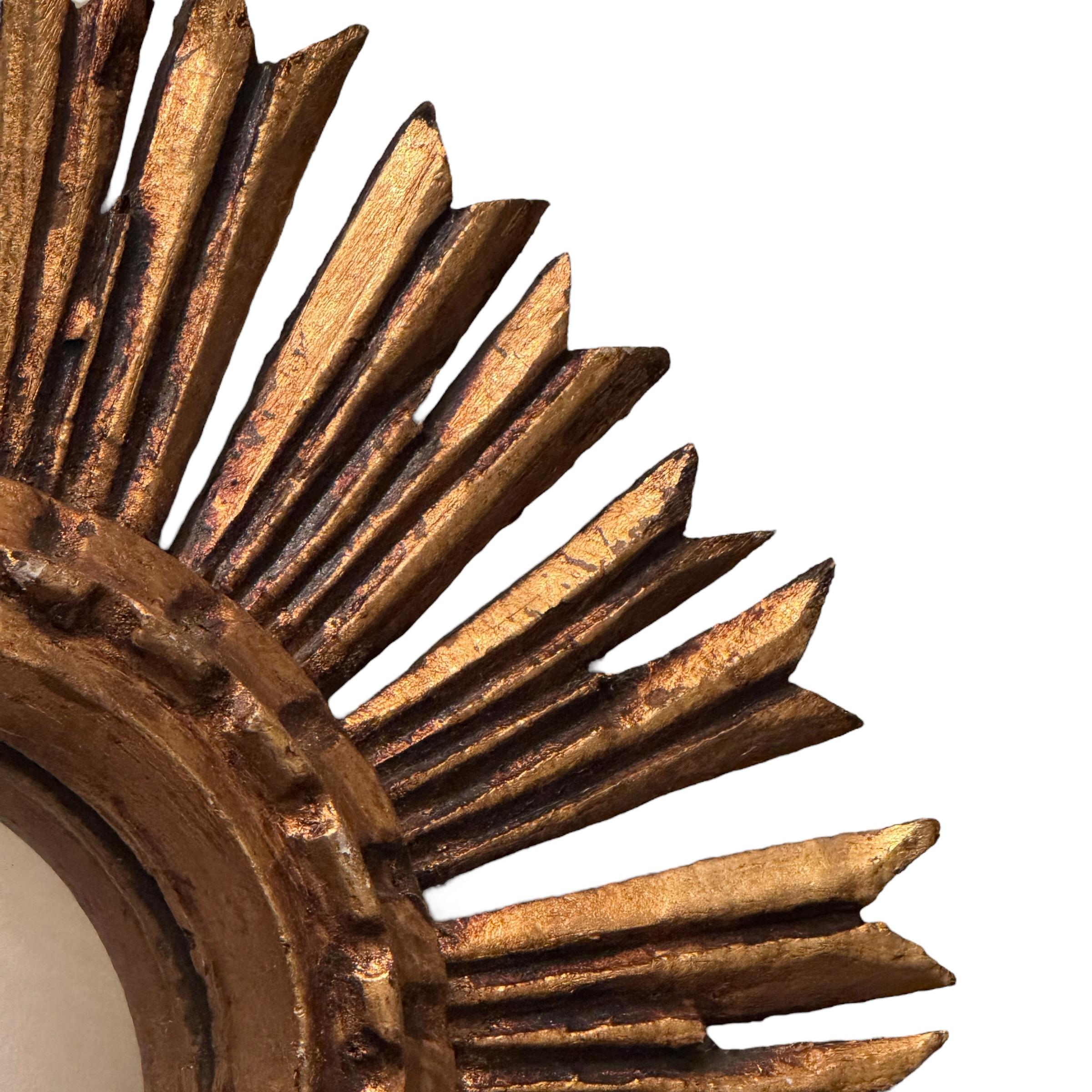 Petite Starburst Sunburst Gilded Wood Convex Mirror, Germany circa 1950s For Sale 2