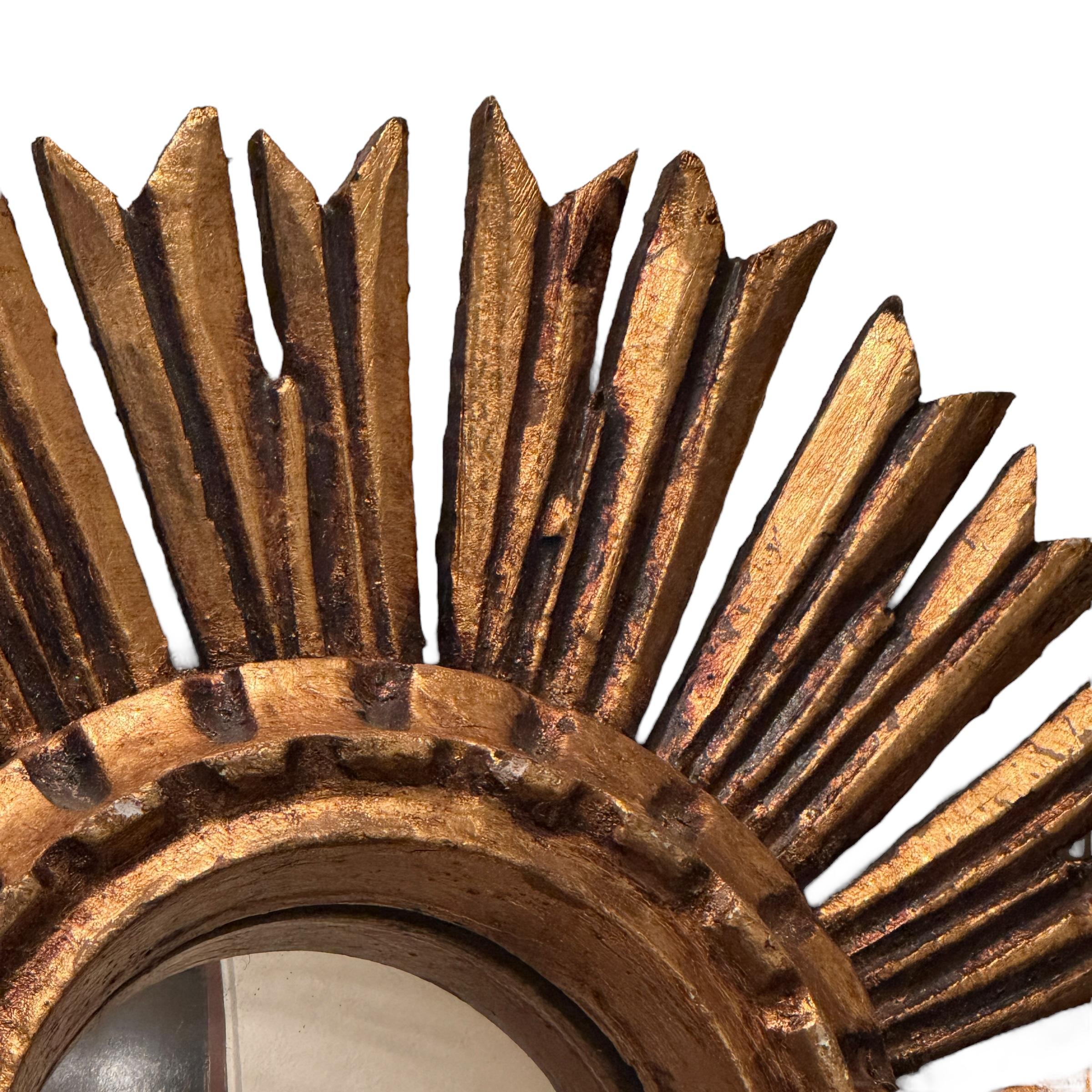 Petite Starburst Sunburst Gilded Wood Convex Mirror, Germany circa 1950s For Sale 3