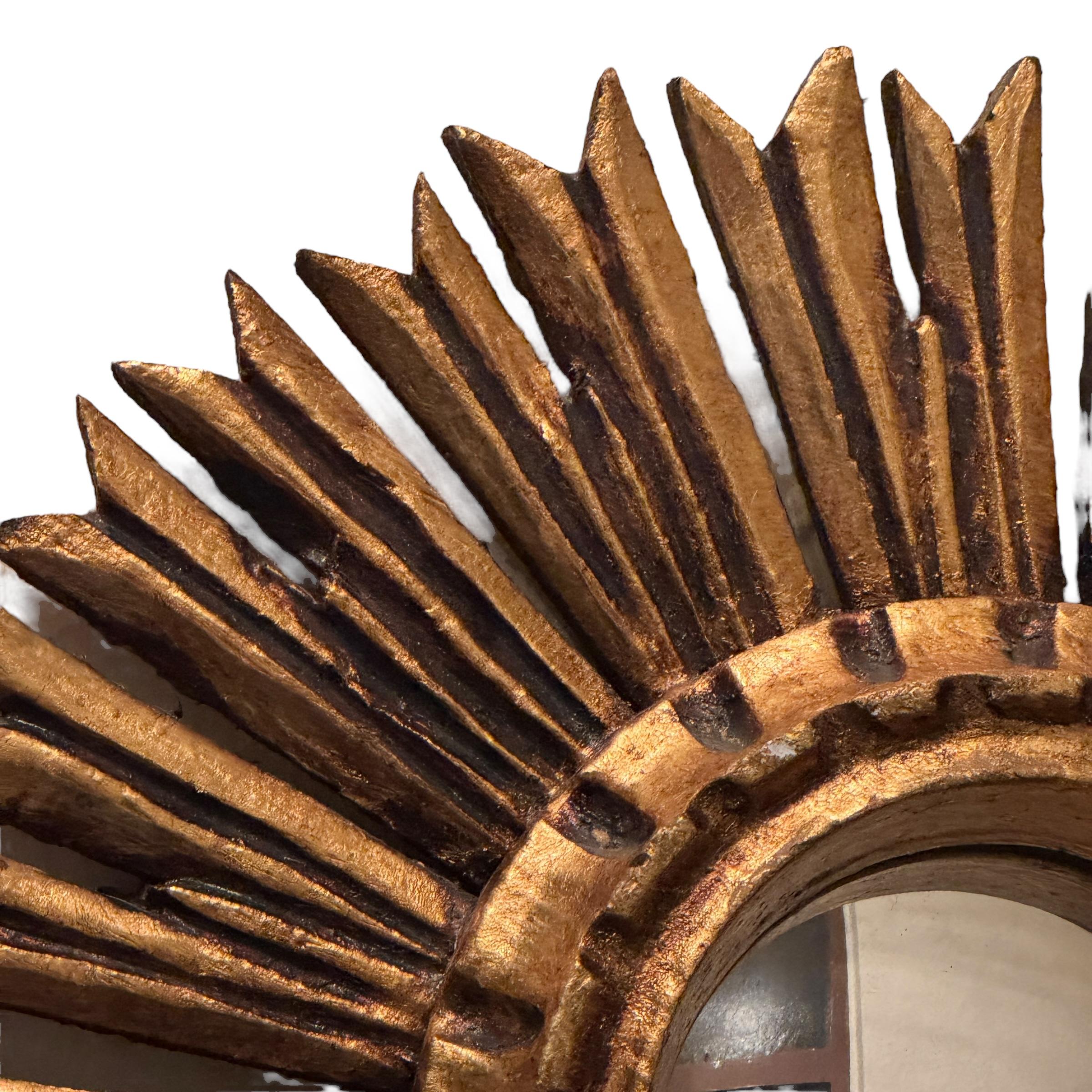 Petite Starburst Sunburst Gilded Wood Convex Mirror, Germany circa 1950s For Sale 4