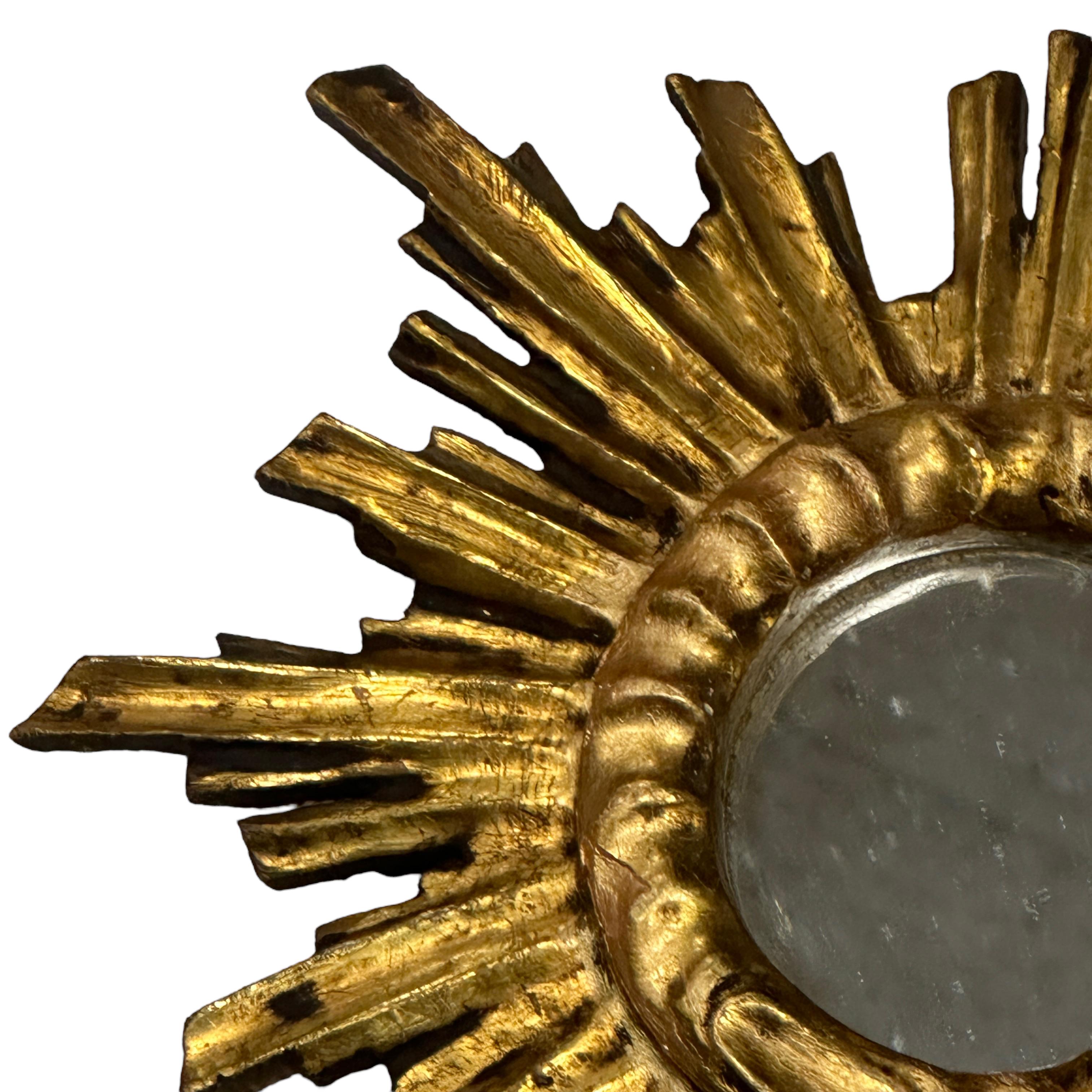 Spanish Petite Starburst Sunburst Gilded Wood Mirror, circa 1950s Spain