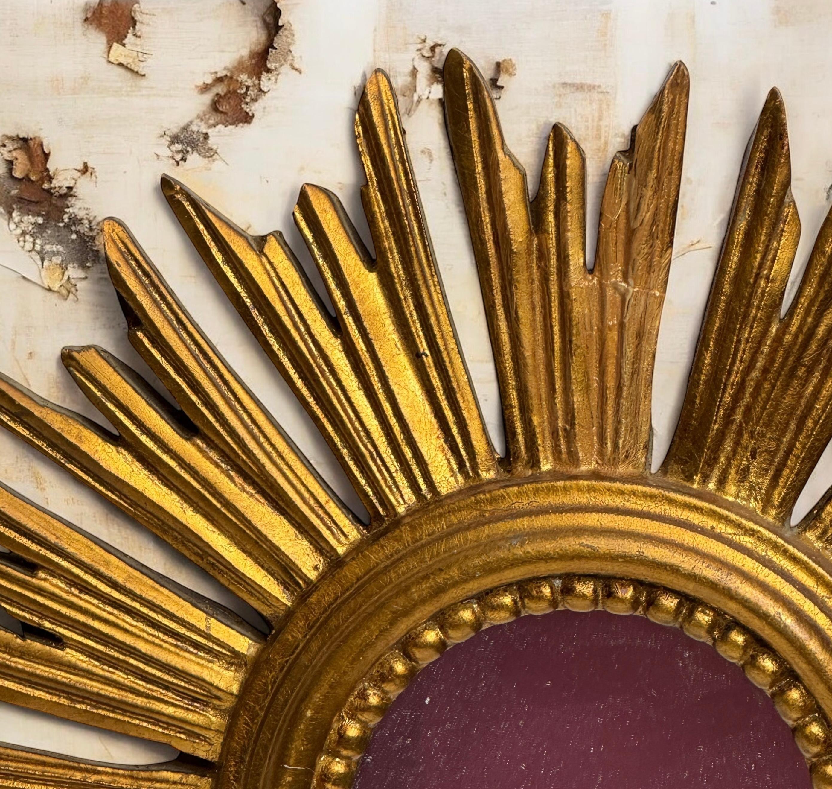 Mid-20th Century Petite Starburst Sunburst Gilded Wood Mirror, Germany circa 1950s For Sale