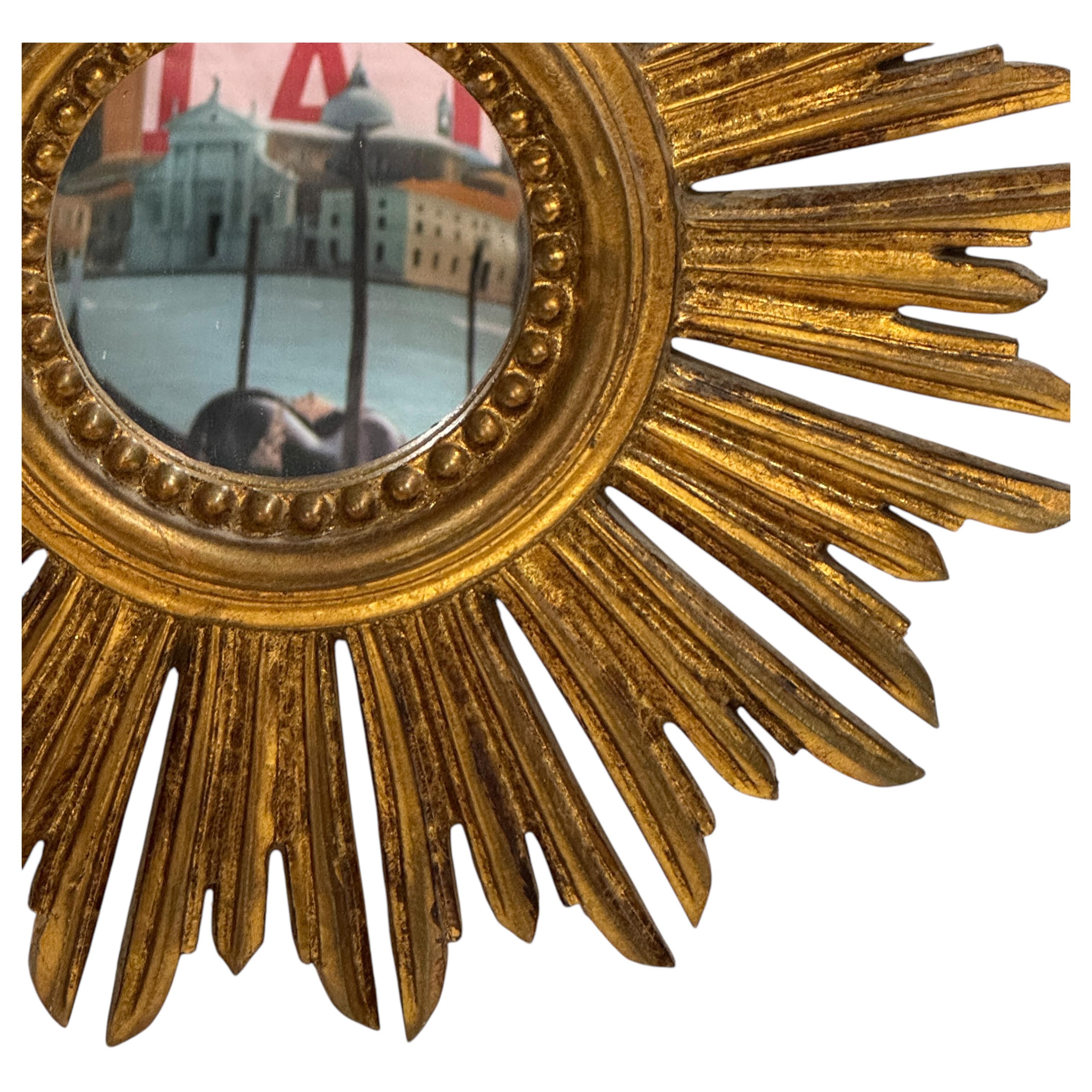 Petite Starburst Sunburst Vergoldeter Holzspiegel, Deutschland ca. 1950er Jahre 1